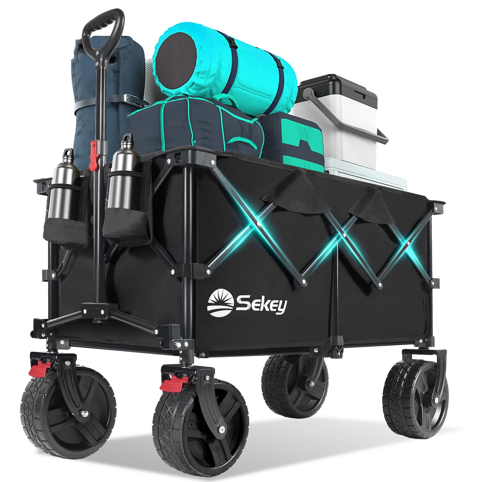 Sekey 220L Wagons Carts Foldable with Big All-Terrian Beach Wheels, Collapsible Heavy DutyWagon with Cup Holders, Extra Large Folding Wagon,Foldable Wagon for Camping, Garden, Sports. Black