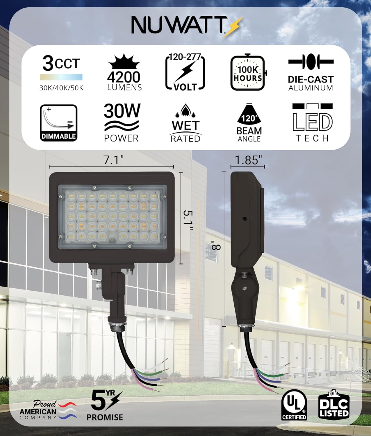 NUWATT 30W LED Flood Light dimensions and key features