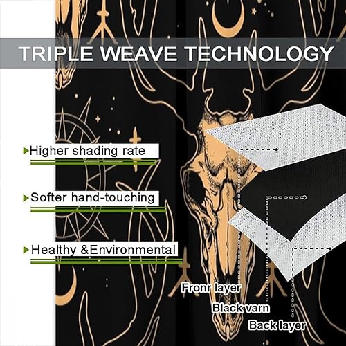 Vista 357 de Cortinas de cabeza de cabra, misteriosa cabeza de cabra malvada, calavera negra, bolsillo para barra, cortinas opacas para ventana, juego de 2