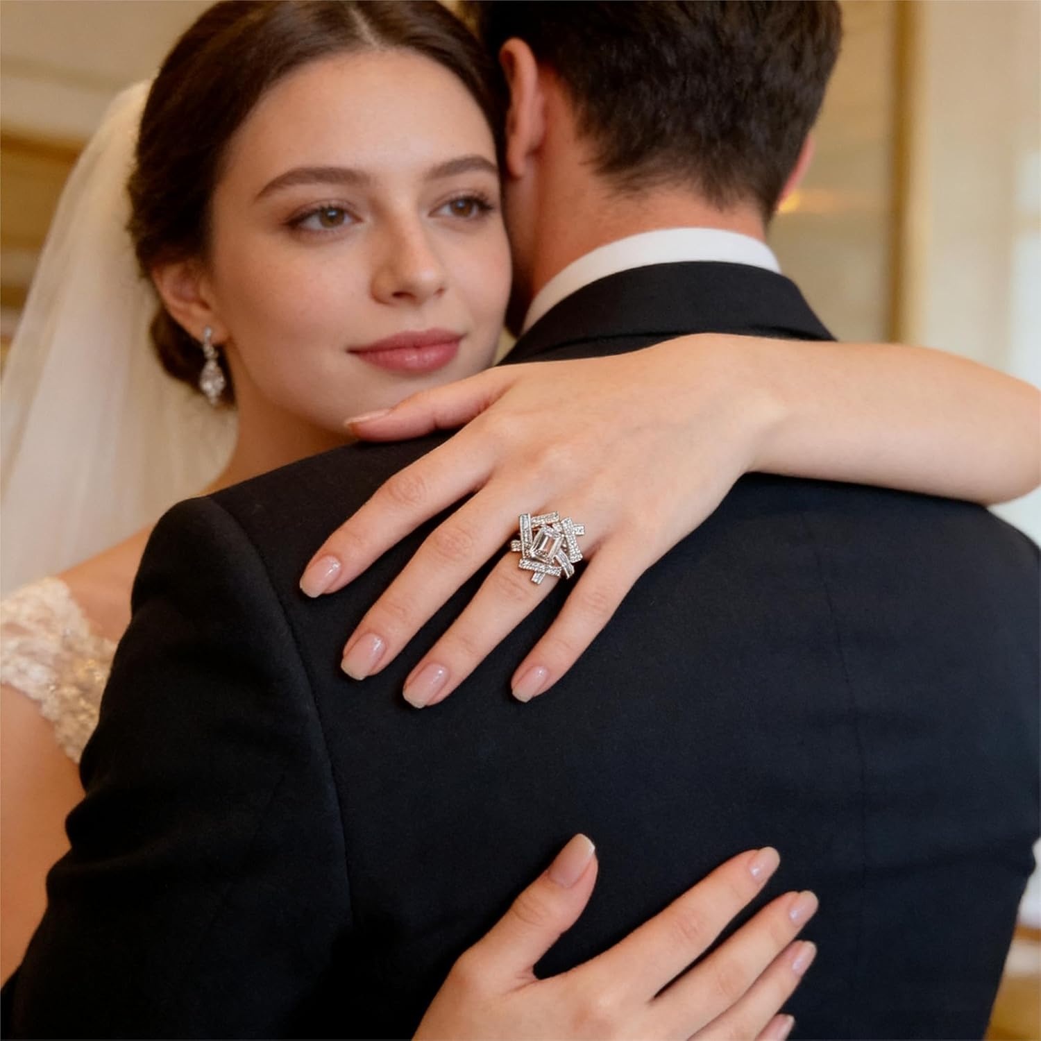 ENDLESSNESS & ETERNITY Baquetteb Bridal CZ Diamond Wedding Band Ring 14K Gold Plated for Women