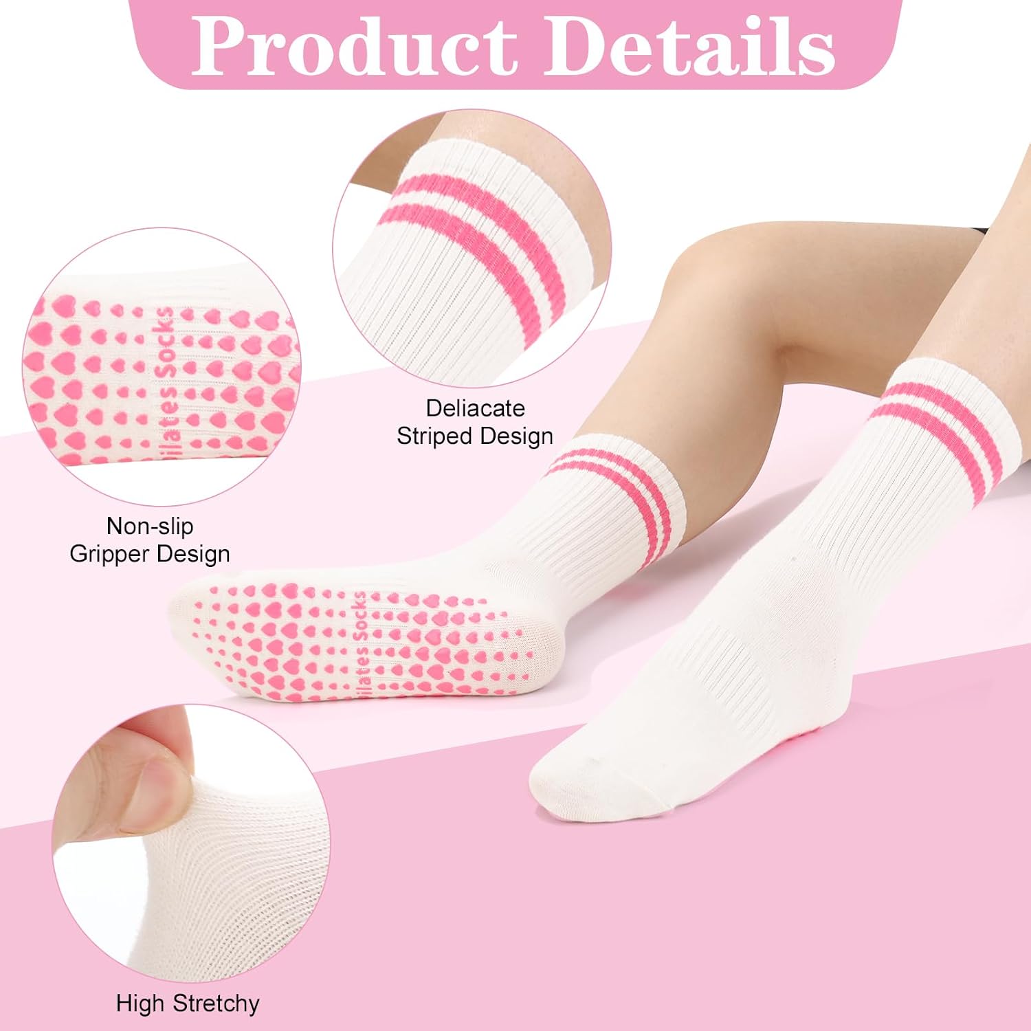 6 Pairs Yoga Socks, Non Slip Grip Pilates Socks for Women Size 5-10 Anti-Slip Athletic Sock with Grips for Women Yoga Pilates