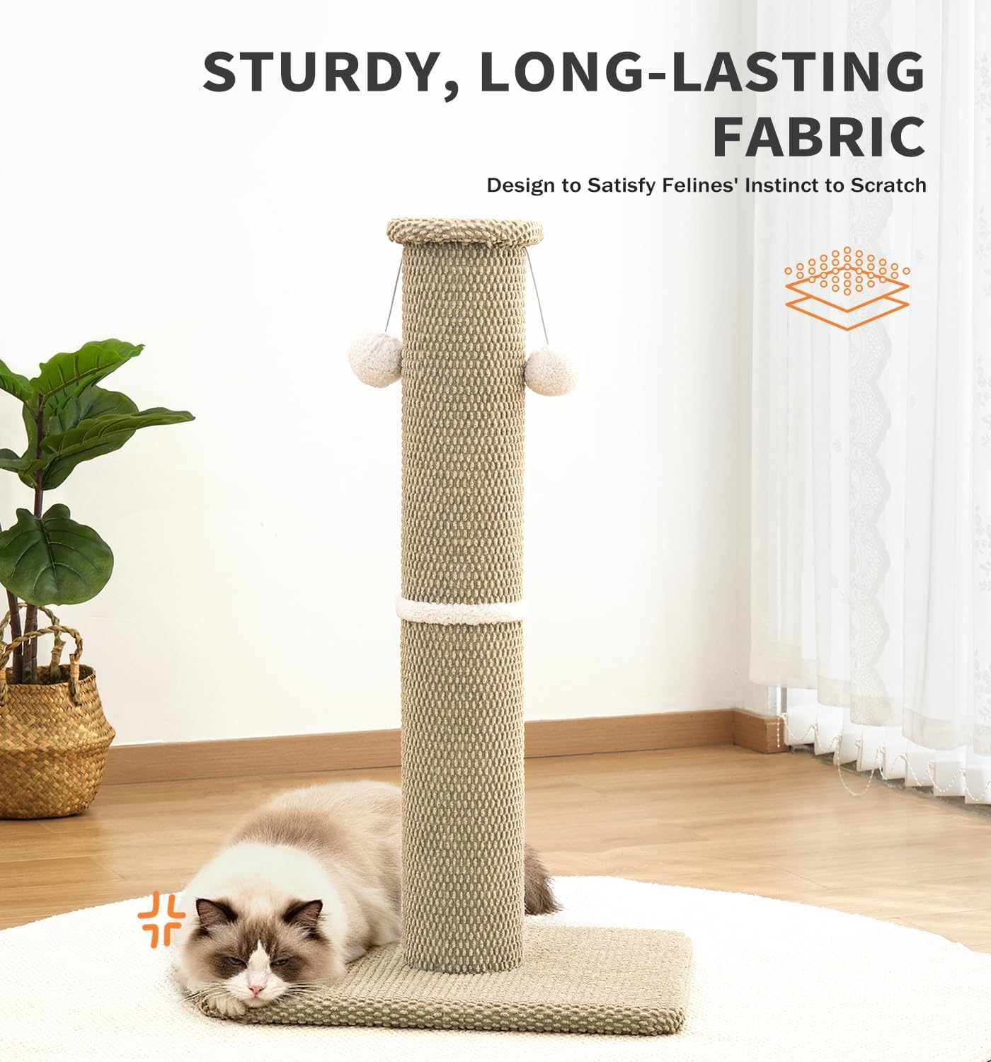 Made4Pets Tall Cat Scratching Post, 23.6" Modern Cat Scratcher with Hanging Balls, Heavy Duty and Thicker Scratching Post for Indoor Cats Adults, Sturdy Base Cat Scratch Post, Beige