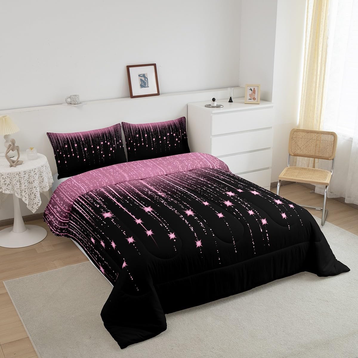 Feelyou Abstract Ombre Comforter Set Pink Black Teens Bedding Set for Boys Girls Women Kids Modern Geometric Comforter Glitter Galaxy Stars Decor Quilt Set Bedroom Collection 3Pcs Queen Size