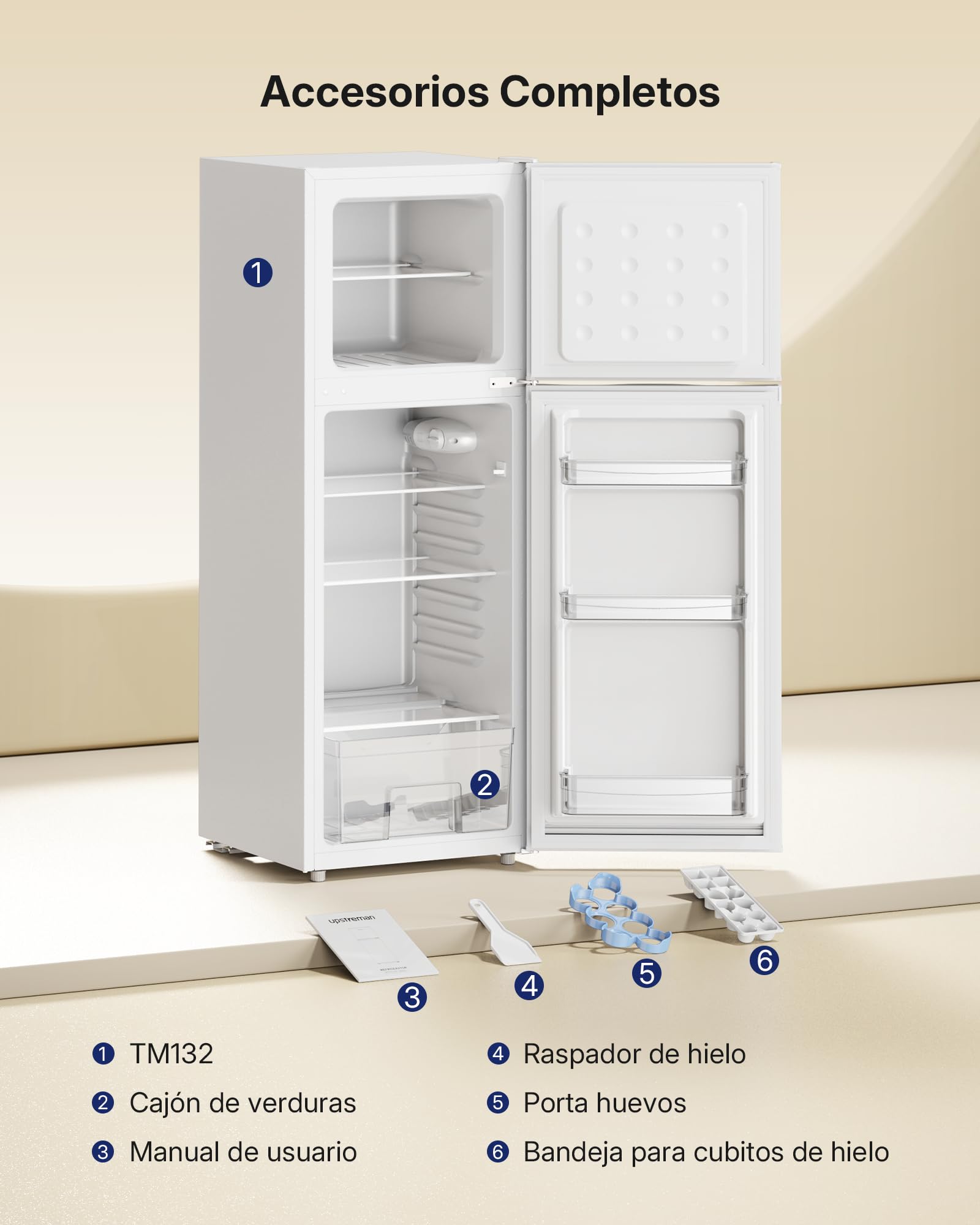 Upstreman Nevera Combi 132L, Frigorifico Dos Puertas (98L Refrigeración + 34L Congelador), 7 Niveles de Temperatura, Frigorífico Silencioso Blanco para Casa y Oficina, TM132
