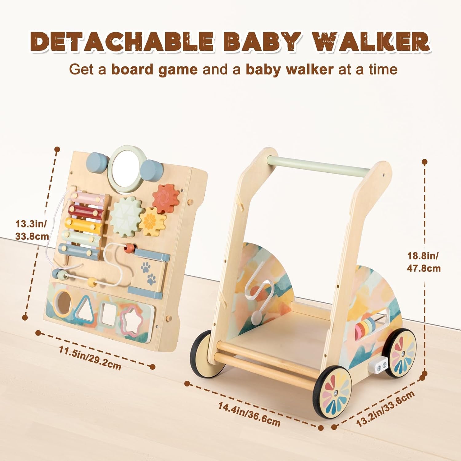 LOL-FUN Wooden Baby Walker with Detachable Busy Board, Push Walker for Baby with Adjustable Speed Wheels, Activity Learning Walker for Boys Girls 12 Months - Image 2