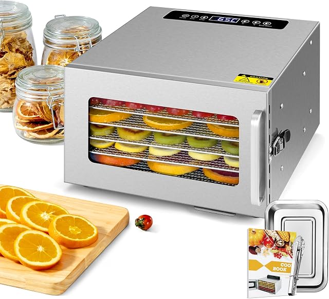 Kwasyo Stainless Steel Food Dehydrator, 6 Tray Fruit Dryer Machine with Free Recipe Book, BPA-Free, 30~90 Temperature Setting, Max 24h, Dehydrator Food Dryer UK for Vegetables, Meats, Chili-400W