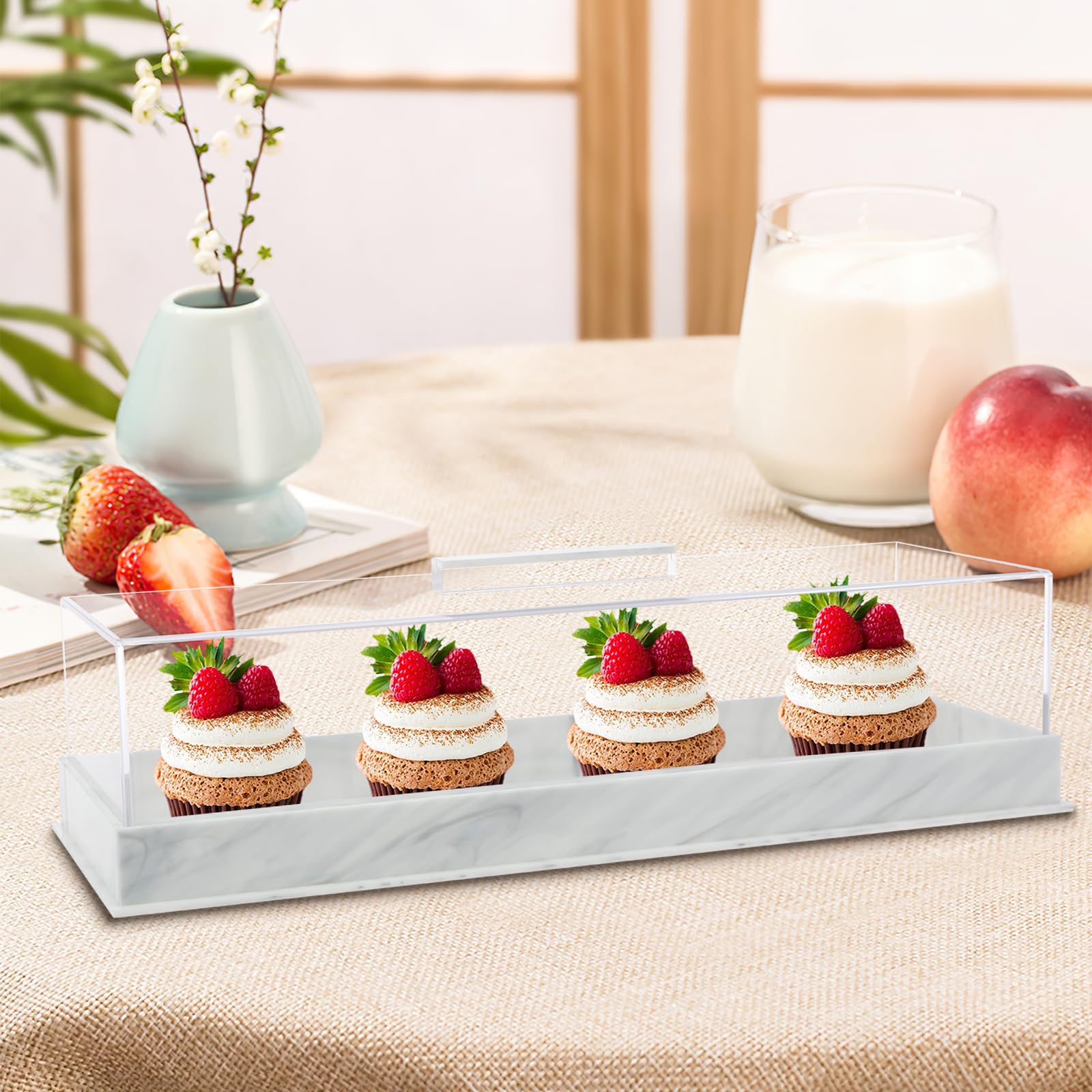 Bpyhebe White Acrylic Rectangle Cake Tray Holder, Marbleized Grain Dessert Display Stands With Lucite Cover And Pastry Base, Elegant Cupcake Serving Platter For Party Home Kitchen 35.5×12.7×9Cm (White)