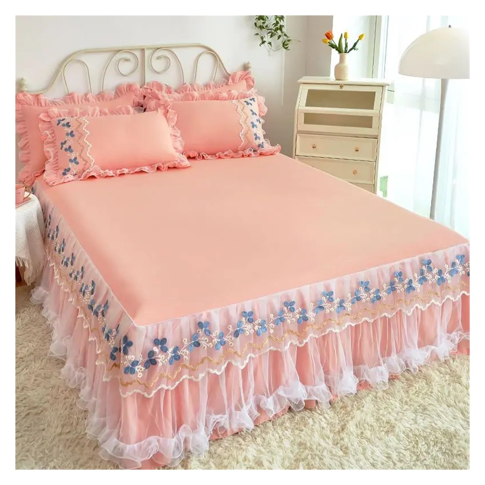 Lace Lotus Leaf Lace Bed Skirts Princess Style Solid Color White Pink Bedspread Bed Cover Sheets(Color-02,200x220cm 3pcs)