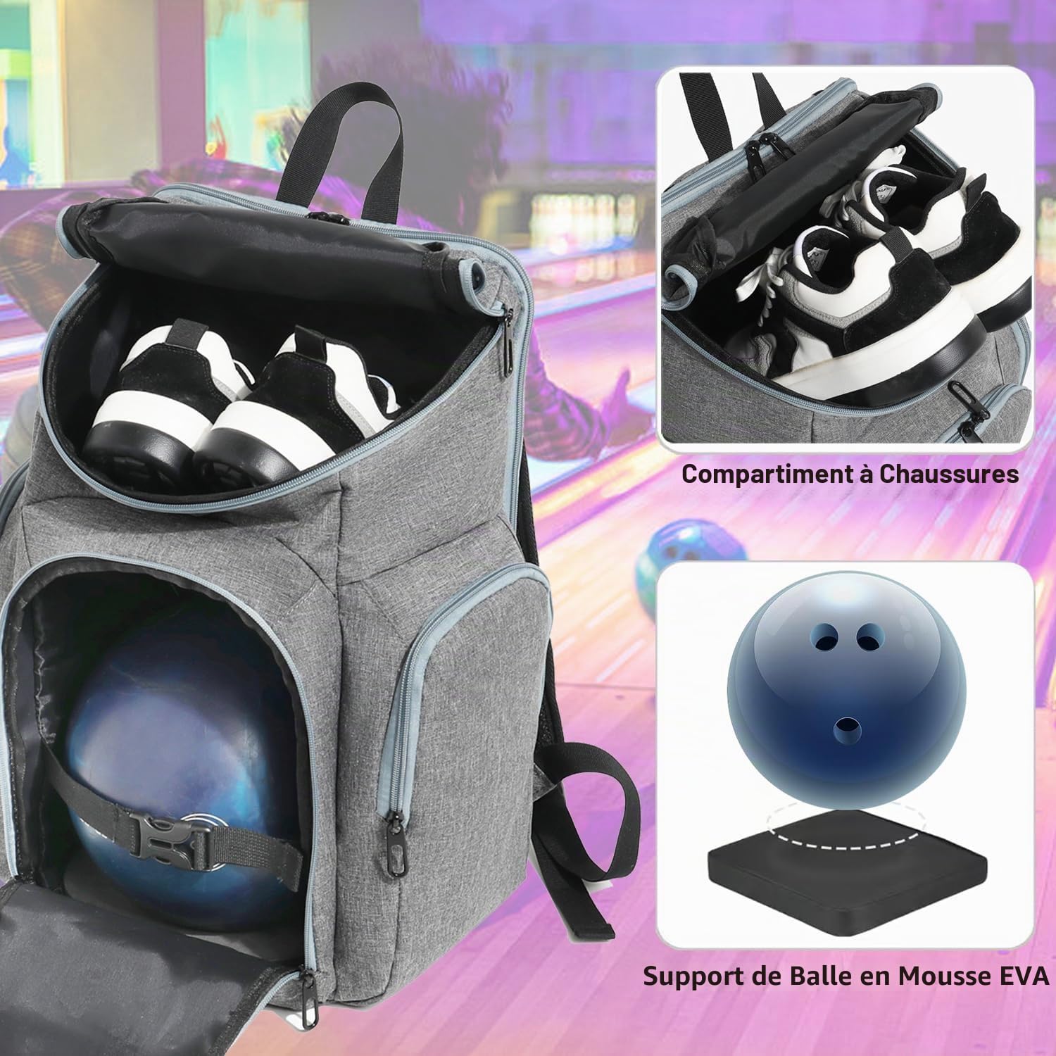 Sac à dos de bowling pour boule simple avec sac à chaussures jusqu'à 45,7 cm, sac de bowling avec support de balle rembourré pour accessoires