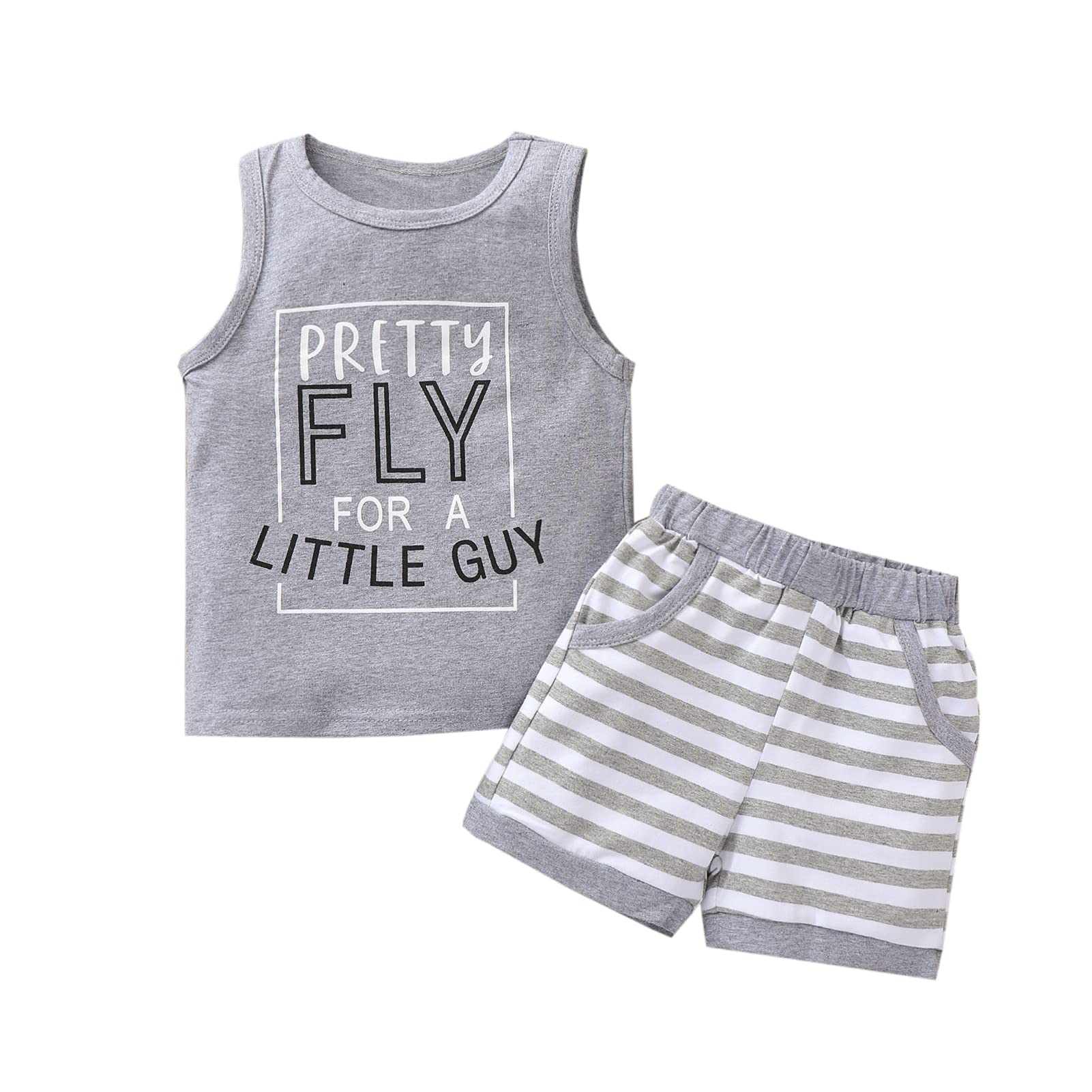 One opening Baby Boy Clothes Fly Little Guy Tees Tank Tops +Stripes Shorts Set Outfit Toddler Summer Clothes Kids Shorts Clothes (Grey, 2T-3T)