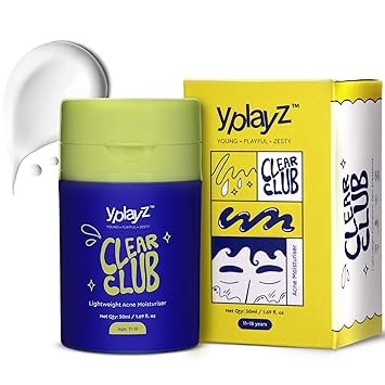 YplayZ Clear Club Acne Moisturizer Cream For Kids & Teens 11+ Yrs| Helps in Hydration, Reducing Acnes & Soothing Irritation | Skincare for Kids | Acne Scars Removal Cream For All Skin Types | 50 Ml - image, photos