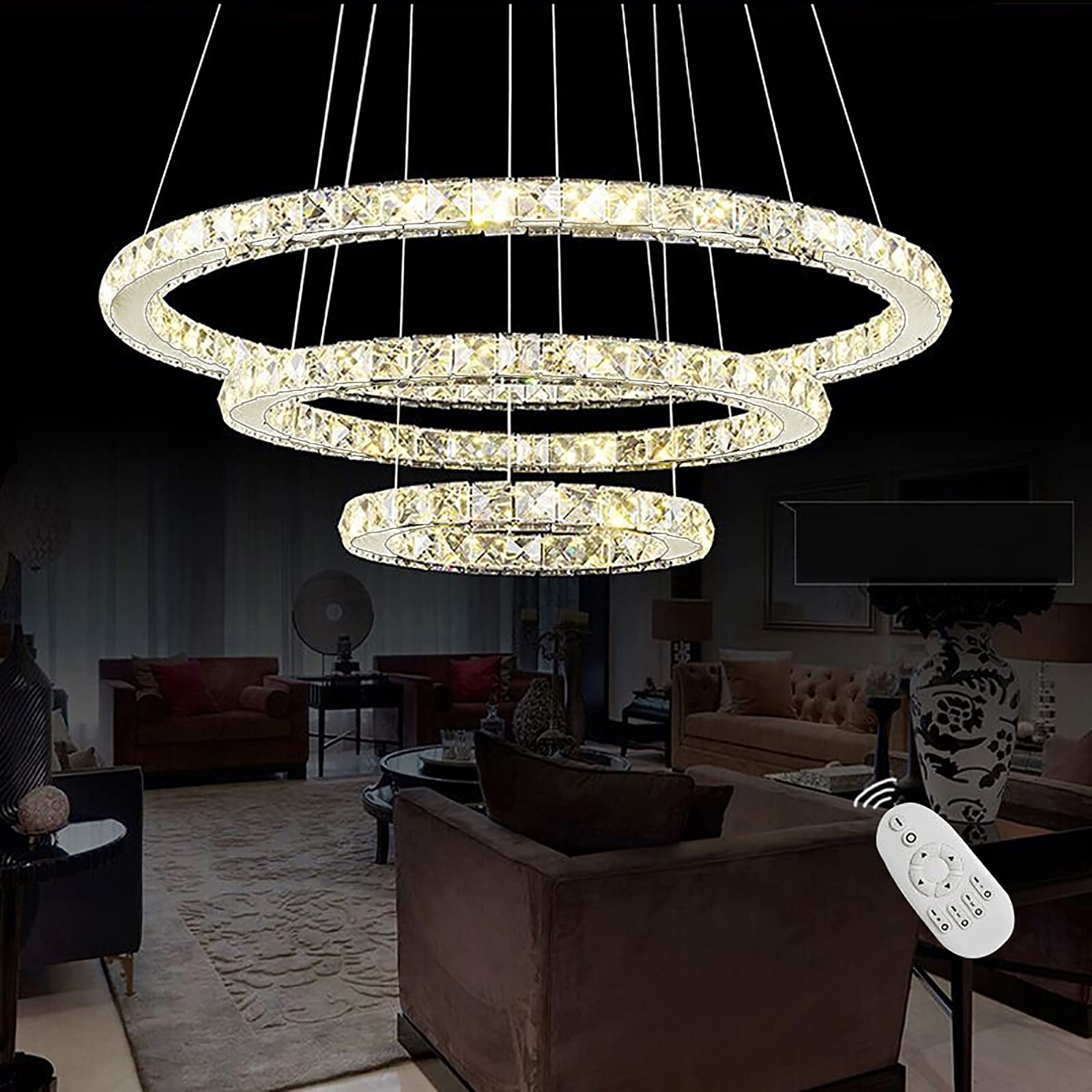 UISEBRT 72W Lampada a Sospensione Moderna Cristallo - Lampadario Creativo Regolabile in Altezza Lampada da Soffitto Tre anelli Cucina Salotto Camera da letto, Dimmerabile