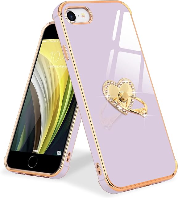 Teageo Case for iPhone SE 2022/iPhone 7/iPhone 8/iPhone SE 2020, Girly Glitter Heart Design Diamond Rotatable Ring Holder Phone Cases Shockproof Plating Silicone Cover for iPhone SE3/SE2, Purple