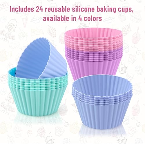 Miniatura 6 de Paquete de 24 tazas de silicona para hornear, redondas, reutilizables, antiadherentes, de grado alimenticio, sin BPA, multicolor, mini moldes para