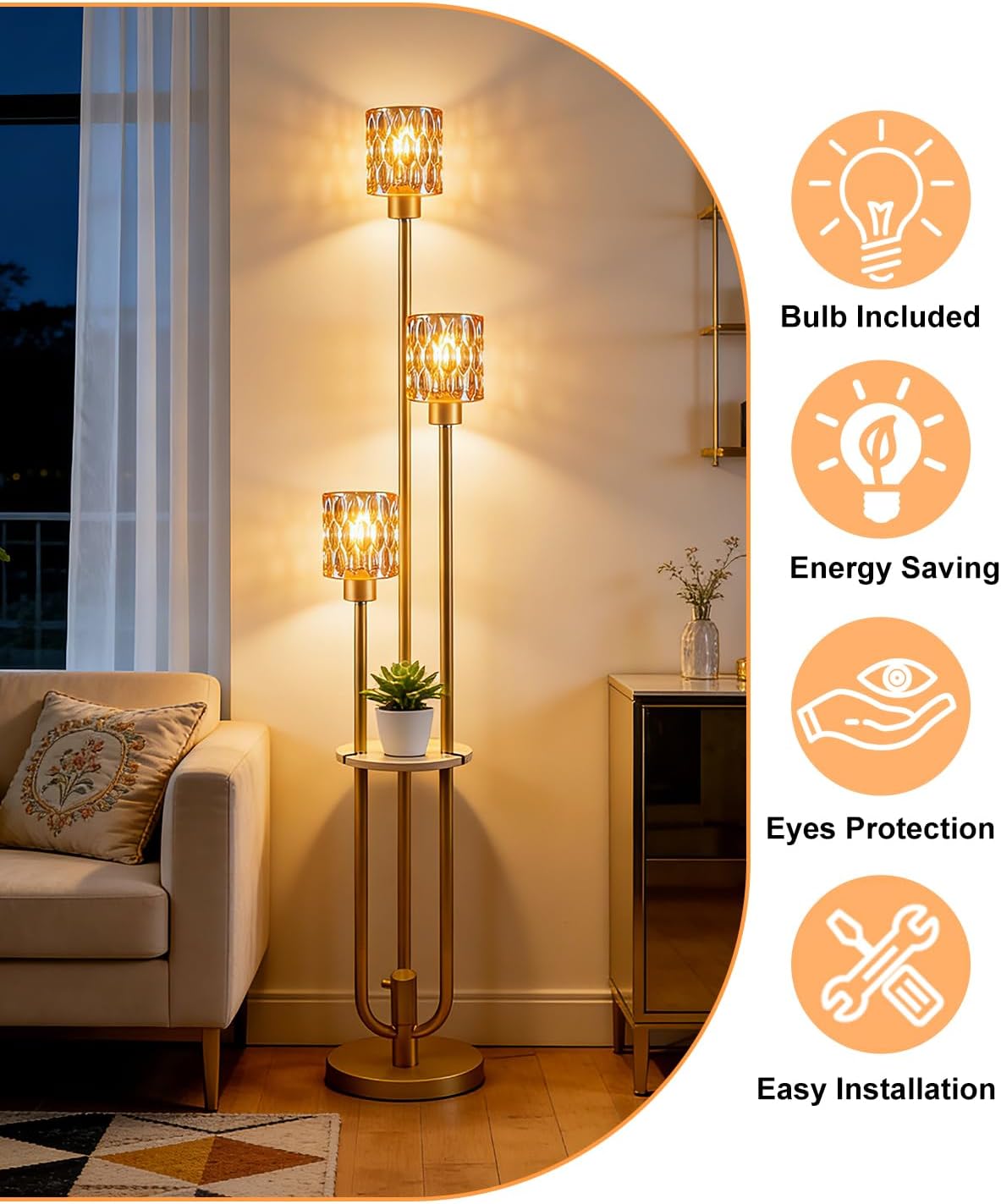 62IN Gold Floor Lamp with Amber Glass Shade 3-Lights Mid-Century Modern Farmhouse Floor Lamps with 3000K Soft Warm White Bulbs, Tall Standing Lamp for Living Room/Bedroom/Corner