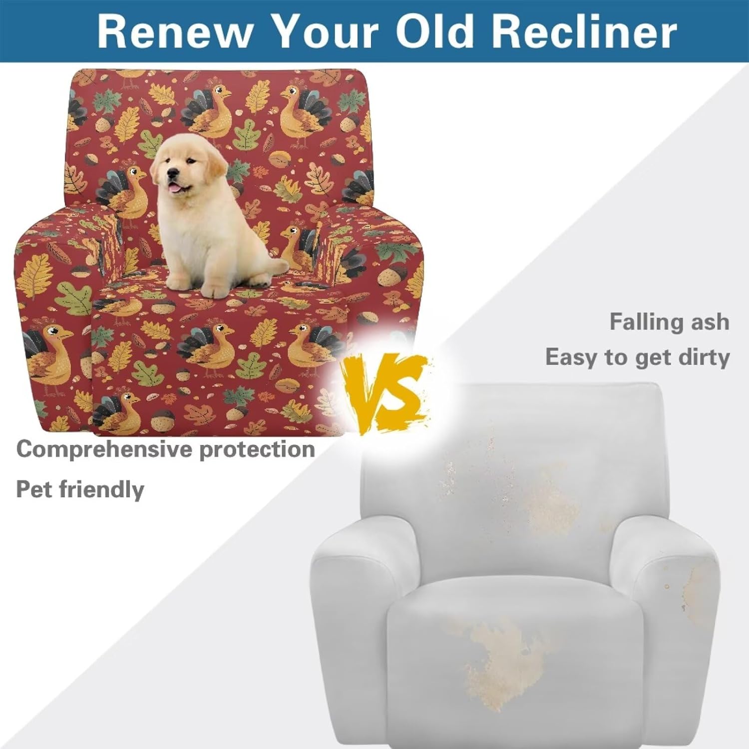 FOR U DESIGNS Turkey Leaf Stretch Recliner Slipcover Universal Fit with Elastic Loops Anti-Slip Easy Install Washable Chair Cover for Living Room Reclining Sofa