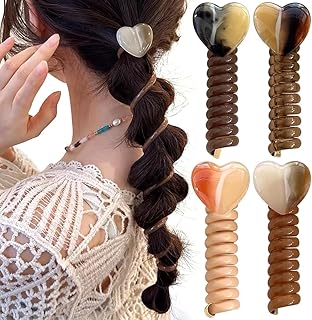 電話ワイヤーヘアバンド スパイラルヘアタイ ハート装飾 ストレート電話コード ヘアタイ ダメージなし コイルヘアタイ 電話コード ヘアタイ 太い髪用 ポニーテールホルダー アクセサリー レディース ガールズ