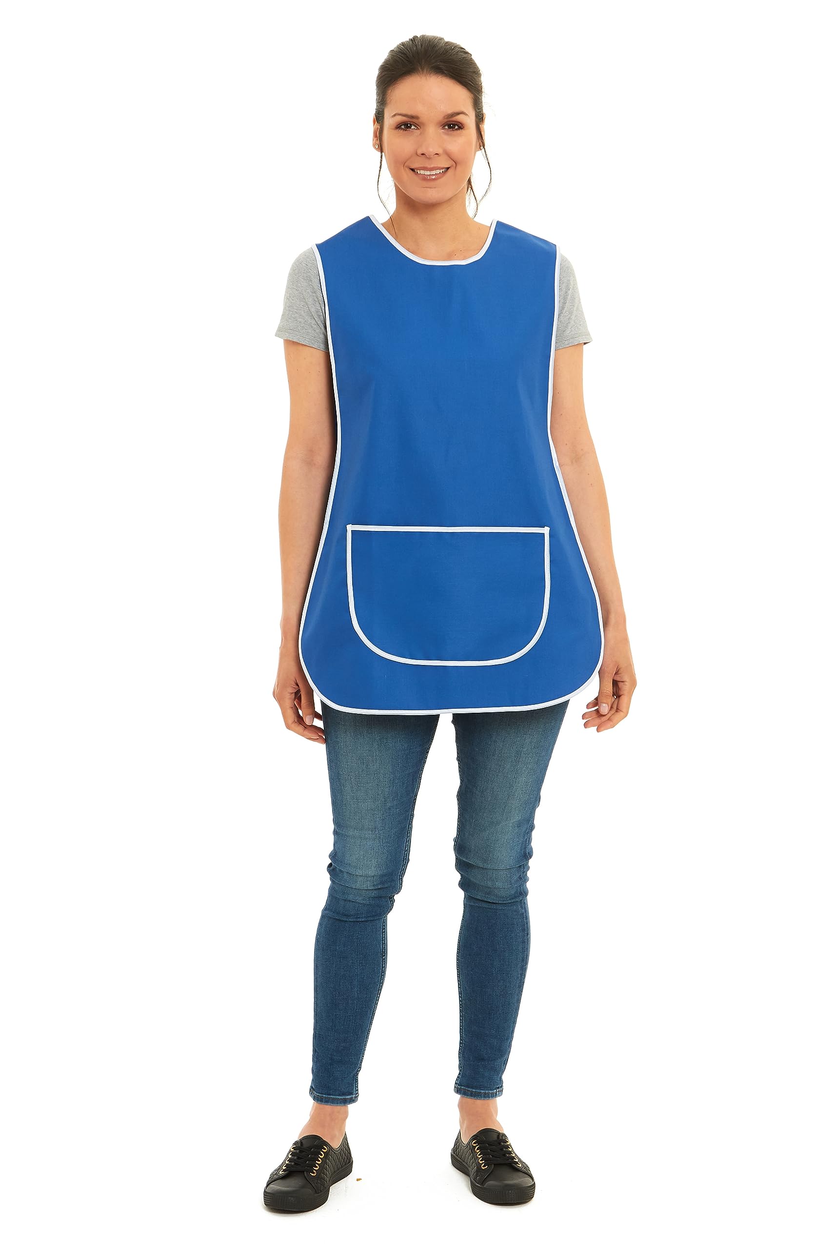 Tesmark Ladies Plain Colour Piping Design Tabard Apron Overalls Front Pocket Stylish Tabards for Women Casual Aprons for Women Home Kitchen Restaurants Coffee Shops UK Made (2XL, Blue)