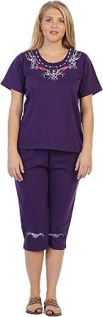 Unik Conjunto de blusa bordada de manga corta para mujer y Capri a juego