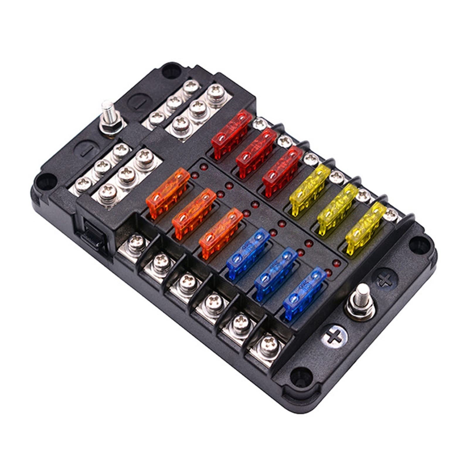 Skrzynka bezpieczników z plastikową osłoną 12V i 32V, uchwyt kołowy M5 wskaźnik LED, 6 drożny, ostrze 12 do samochodu, łodzi, trójkołowy morski (12 Way with LED)