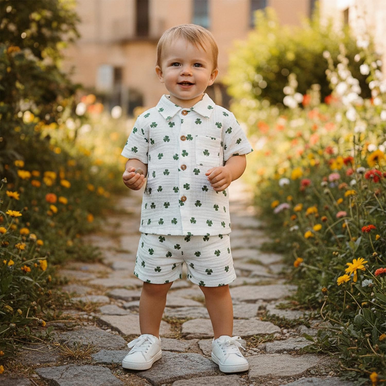 Toddler Baby Boy St Patricks Day Outfit Clover Button Down Short Sleeve Muslin Shirt Top and Shorts Set Irish Clothes - Image 4