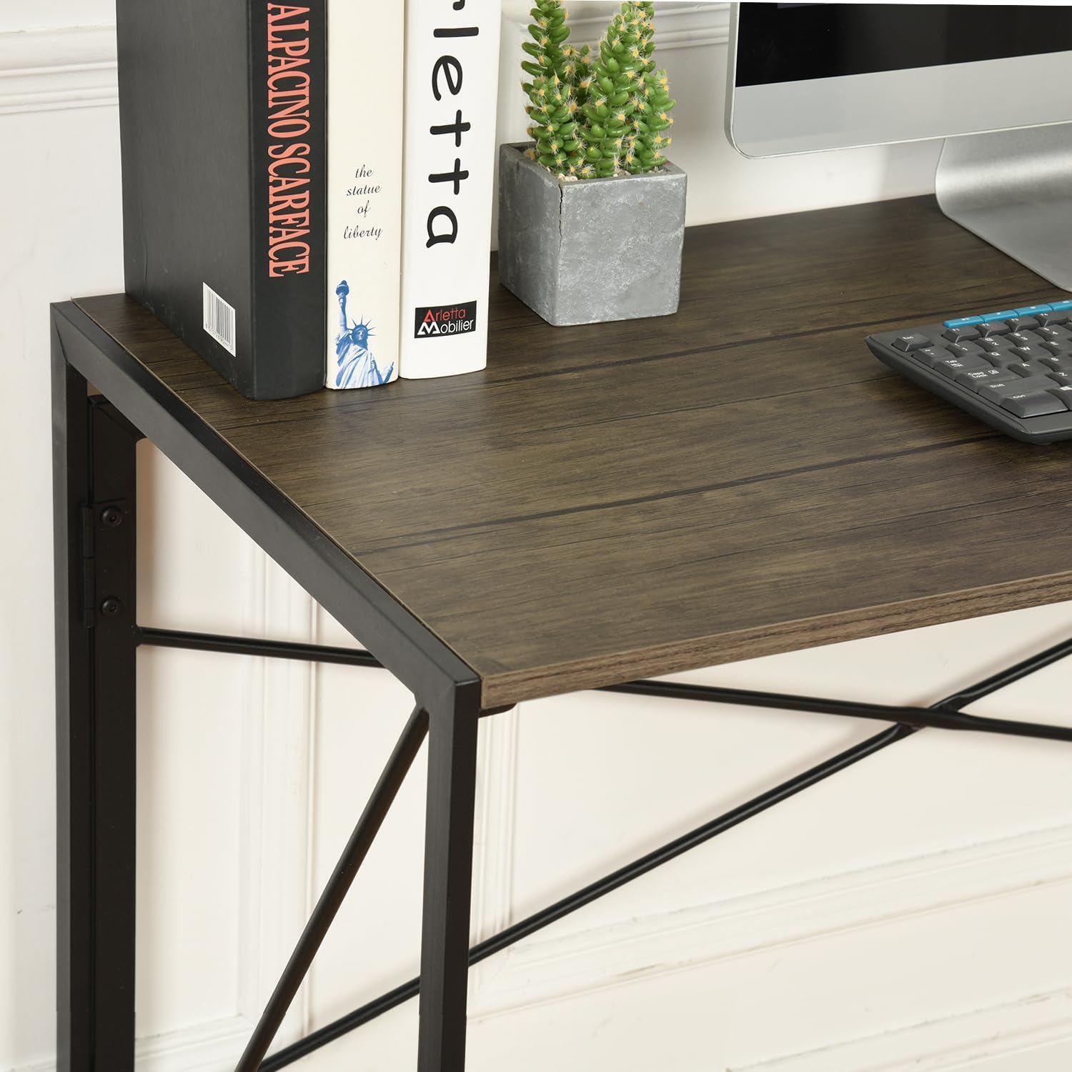 FurnitureR Folding Home Office Desk, Foldable Computer Study Writing Table Space Saving Workstation Folding Simple Desk, Metal Frame, 47.2 Inch No Assembly Required, Brown