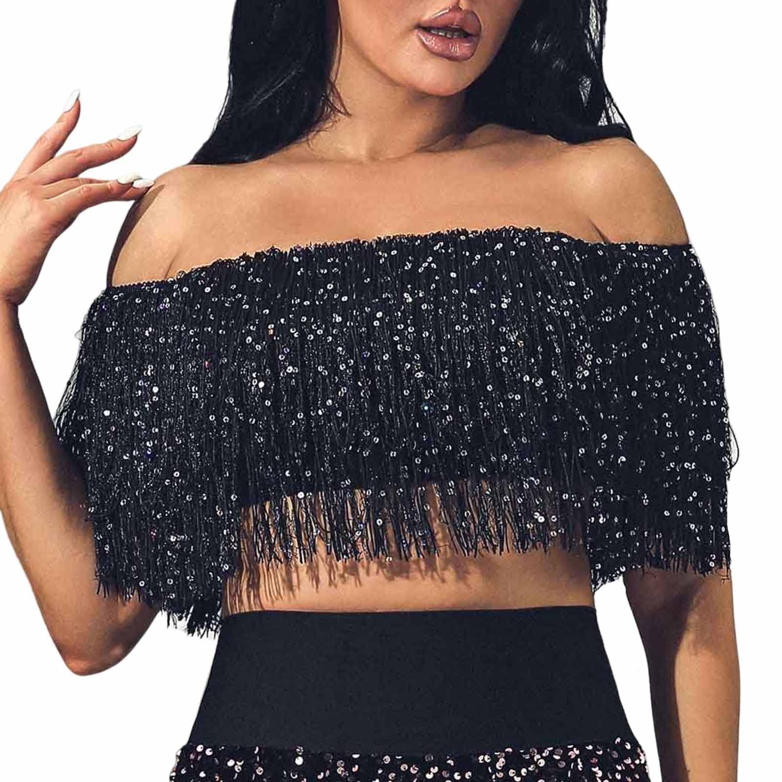 Photo 1 of GRAEEN Sequin Tassel Crop Tops Cami Tops Spaghetti Strap Glitter Sleeveless Tank Top Nightclub Costume Top X-Large A1-black