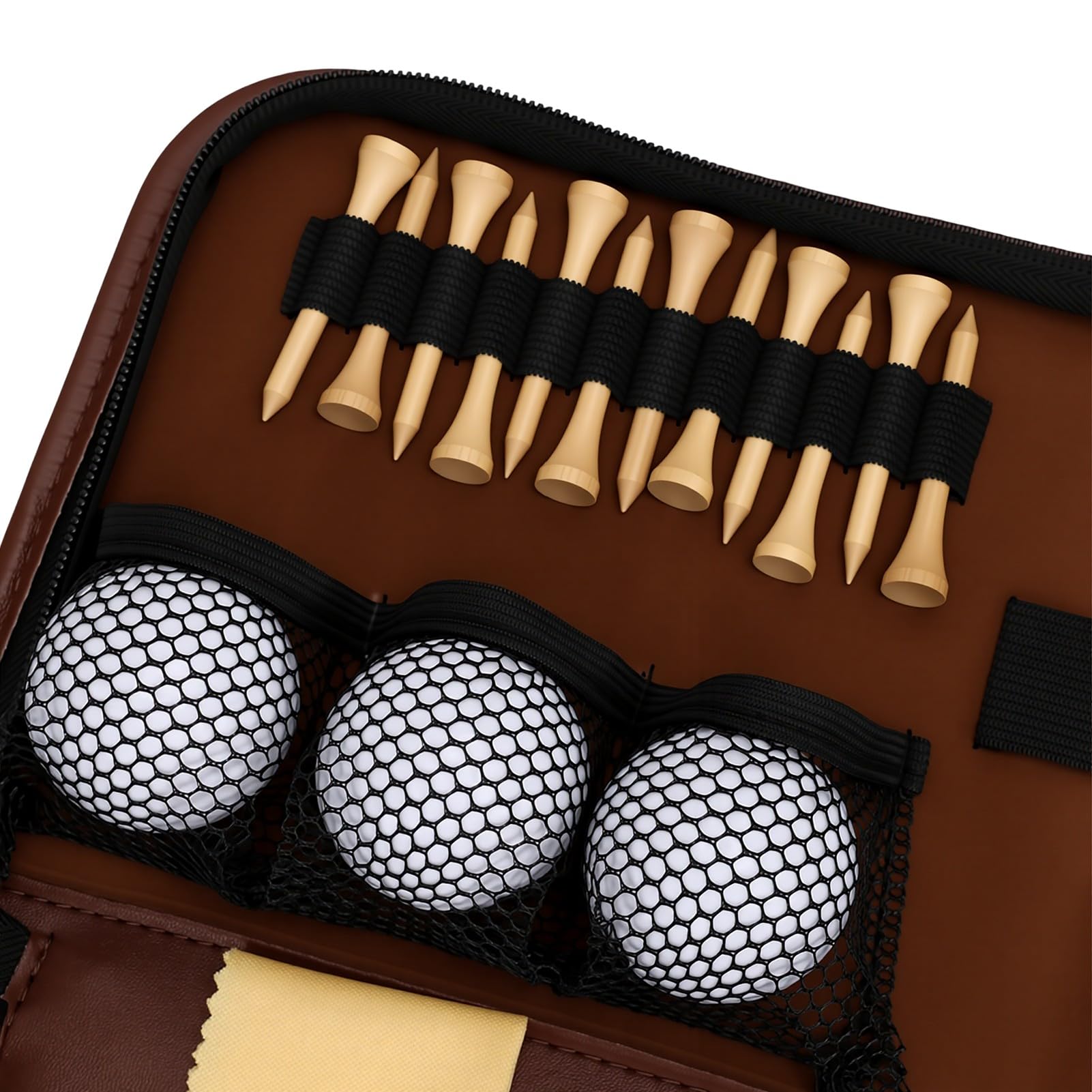 SIXRUN Golf Tee Set, Golfzubehör mit PU Leder Tragetasche, 3 Bälle und 12 | Verschleißfester Organizer, Tragbare Golftasche mit Bürste und Entfernungsm.