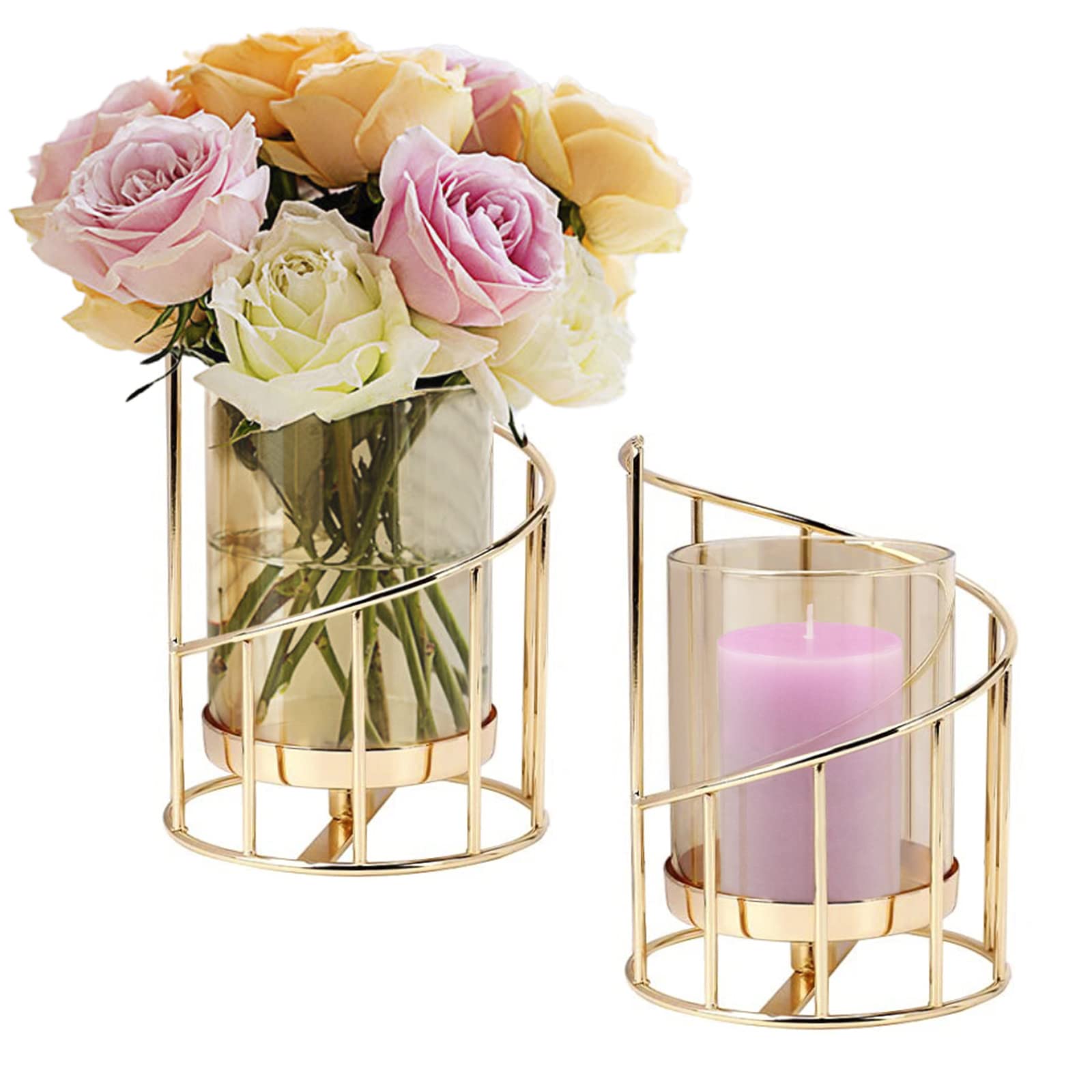 Hurricane Candle Holder,Metal Geometric Column Candle Plate, Removable Glass Candle Stand Tea Light Holders, for Home Decoration Wedding Party, Christmas, Thanksgiving,Golden