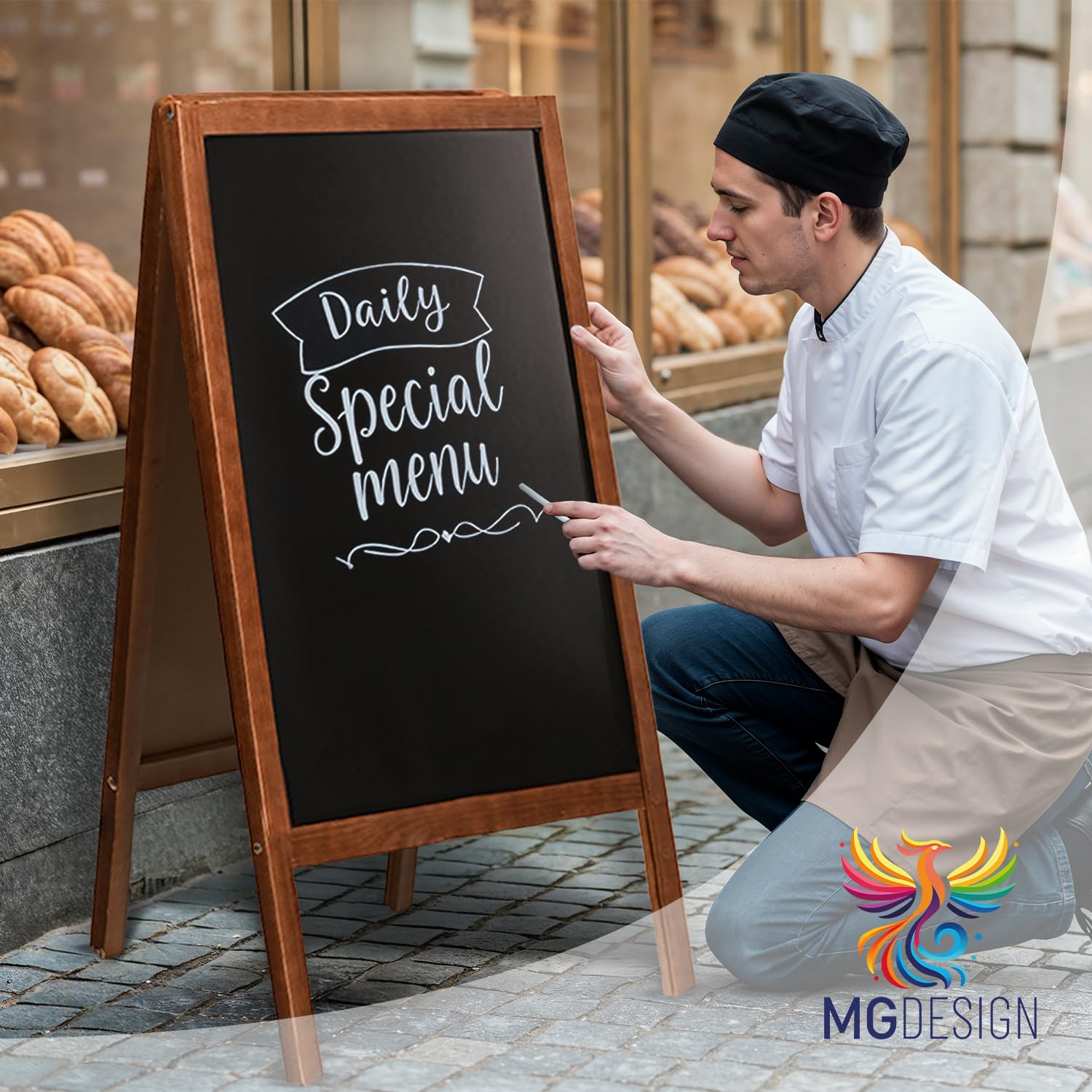 MG Design Kreidetafel-Aufsteller aus Holz 60 x 120 cm beidseitig beschreibbar, klappbar & abwischbar Kundenstopper fr Gastronomie, Einzelhandel & Events
