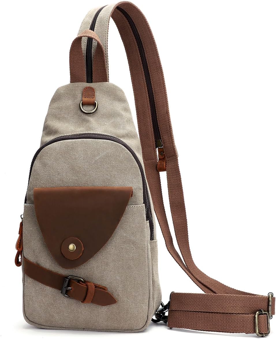 Canvas Sling Bag Crossbody Backpack Shoulder Casual Rucksack for Men Women,Khaki