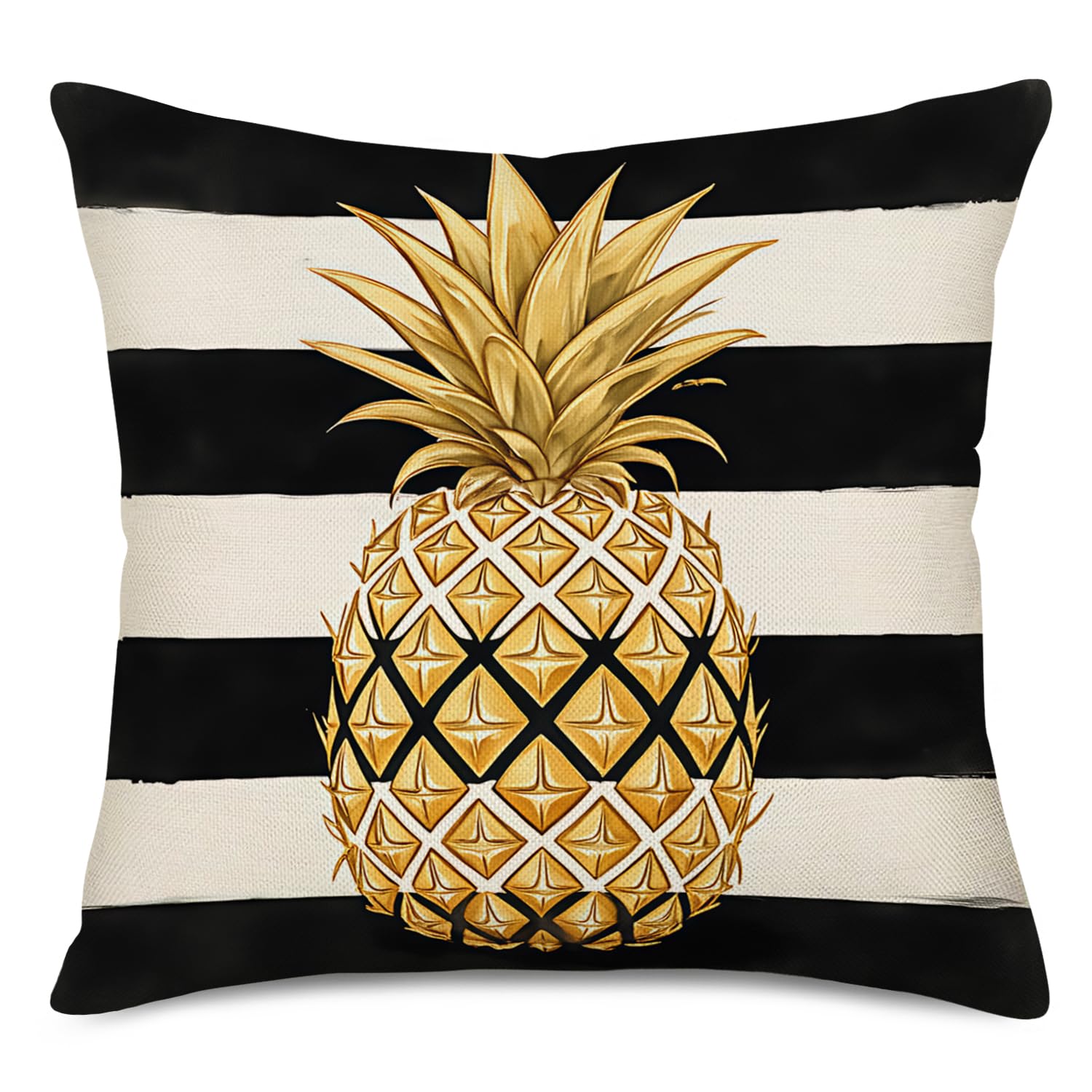 Tropical Gold Pineapple Summer Decorative Pillow Covers Black and White Stripes Background Cotton Linen Throw Pillow Case for Home Sofa Boudoir Decor 18x18 Inch Pillowcase (Mixing01)