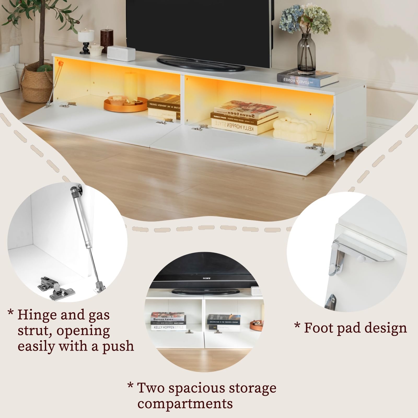 Meuble TV Blanc 180 cm avec éclairage LED, Meuble TV Suspendu ou sur Pied en Bois avec 2 Compartiments de Rangement Support Télévision Mural Moderne pour Salon Chambre