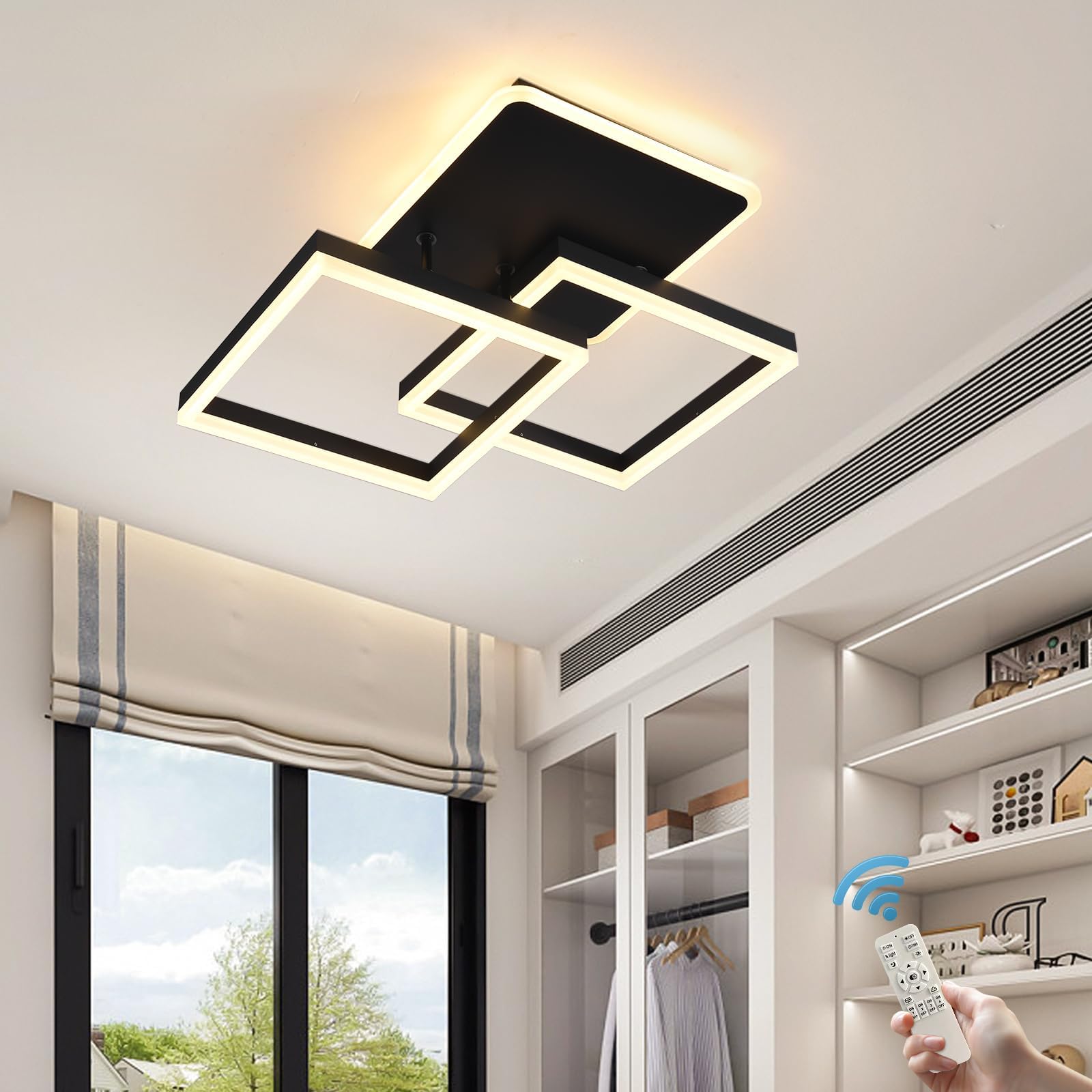 Garwarm Modern LED Ceiling Light, Dimmable 3 Heads Squares Ceiling Lamp Fixture with Remote, Acrylic Metal Flush Mount Ceiling Chandelier Lighting for Living Room Bedroom (70W, Black)
