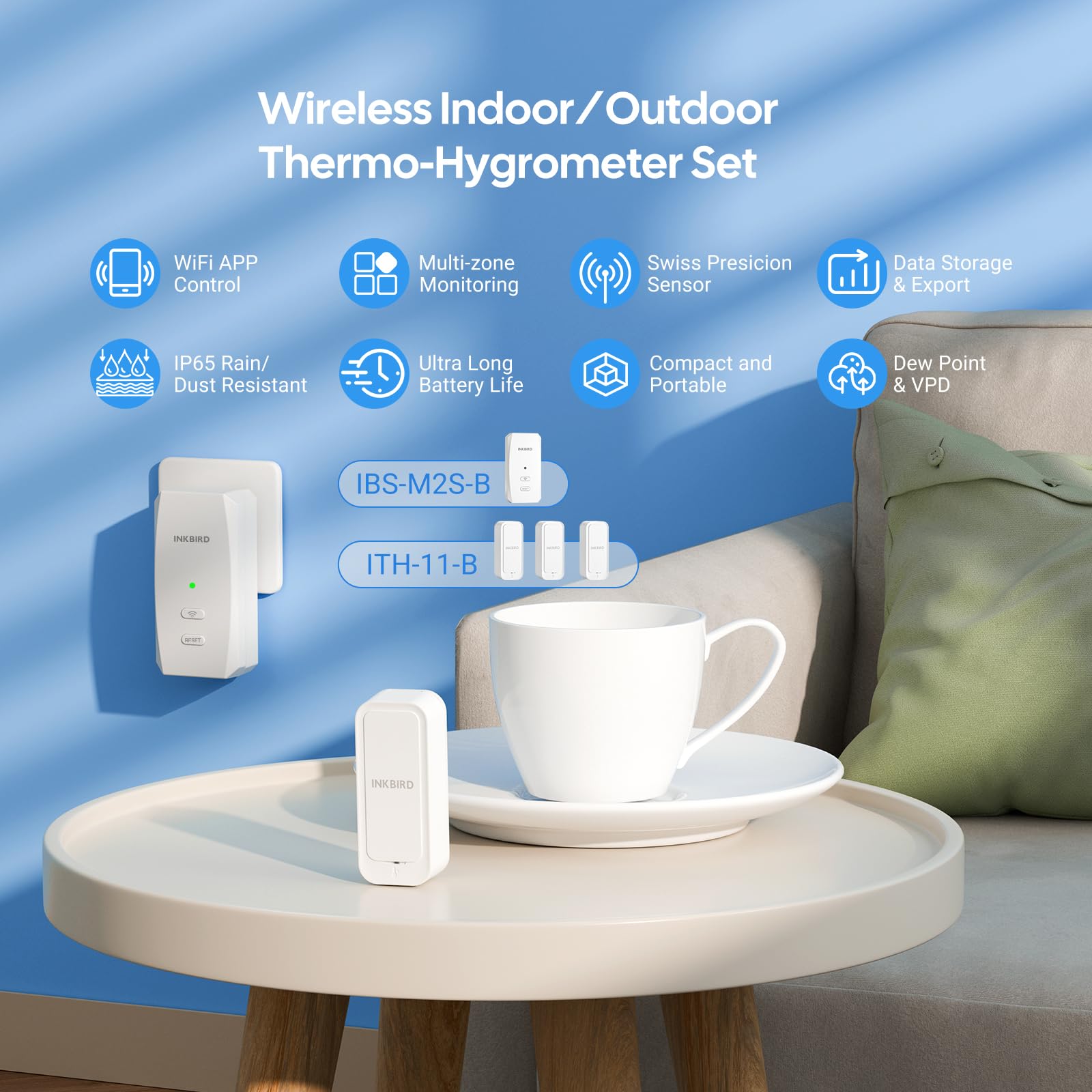 INKBIRD ITH-11-B Thermomètre Hygromètre Bluetooth et IBS-M2S-B Passerelle WiFi Combinaison, Enregistreur Temperature Humidite Interieur Exterieur, Surveillance à Distance APP, Stockage de Données