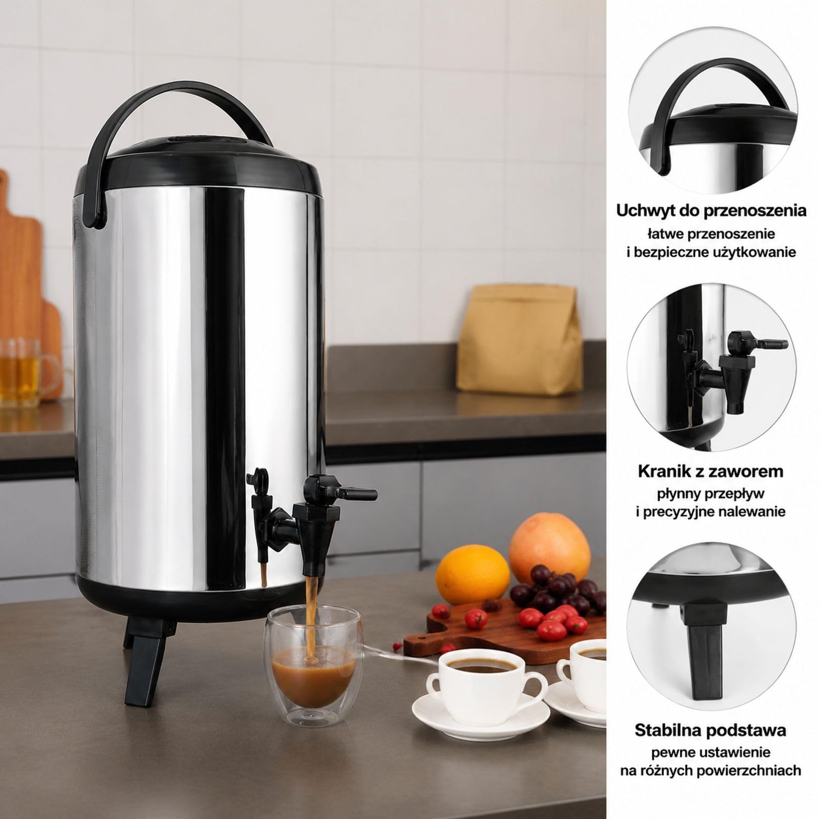 Dystrybutor napojów gorących i zimnych 9,2 l, stal nierdzewna, duży dystrybutor napojów z kranem i uchwytem do przenoszenia, do kawy, wody, soku, termos do kawiarni i barów