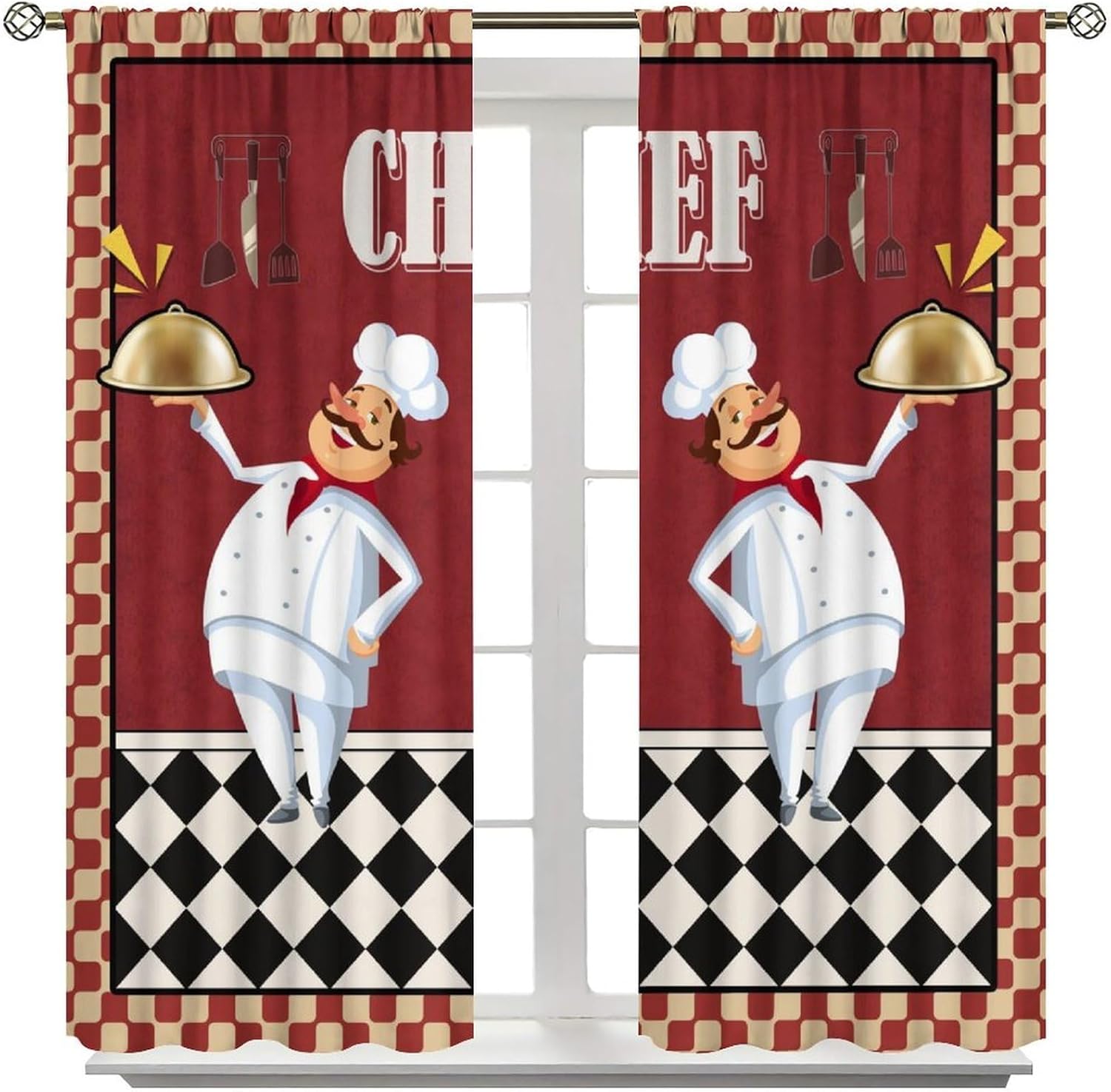 Kitchen Curtains Red Fun Chef Farmhouse Black and White Checkered Cooking Gourmet Tableware Windows Treatments Rod Pocket for Living Room Bedroom Cafe Dining Room 42X62.5in（No Blackout）