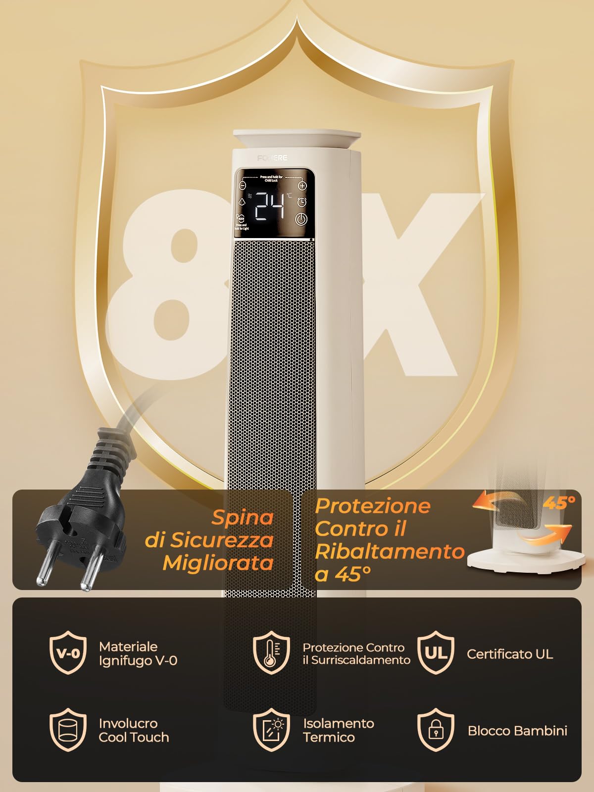 Fohere, termoventilatore a risparmio energetico, 2000 W, silenzioso, per ambienti grandi, camera da letto, soggiorno, ufficio, oscillazione di 70°, telecomando, timer da 12 ore, protezione contro il
