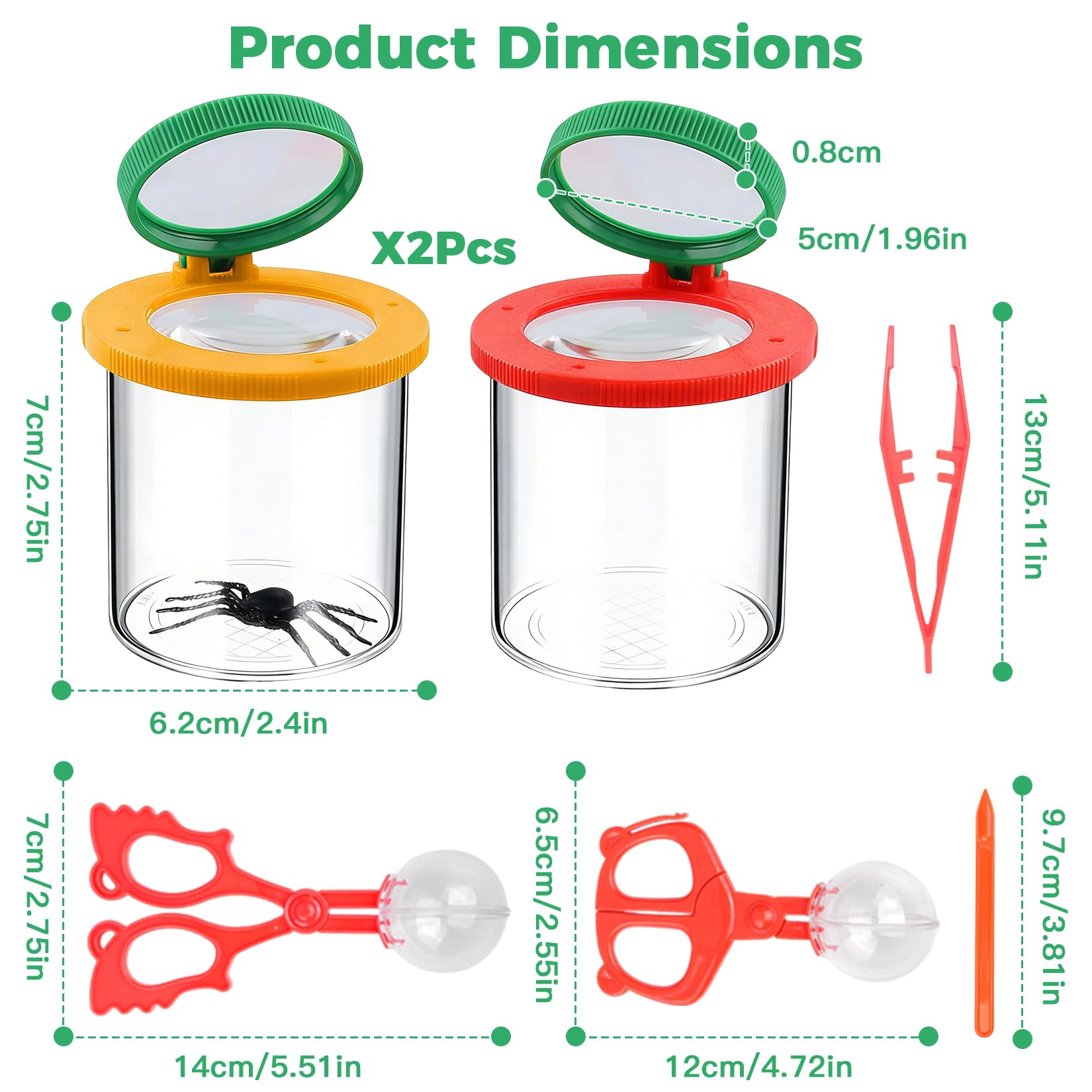 Set di 2 Lente Ingrandimento Bambini, Barattolo con Lente Ingrandimento 3/6 per Insetti + pinzette/bastoncino per esche/clip a sfera/clip a farfalla