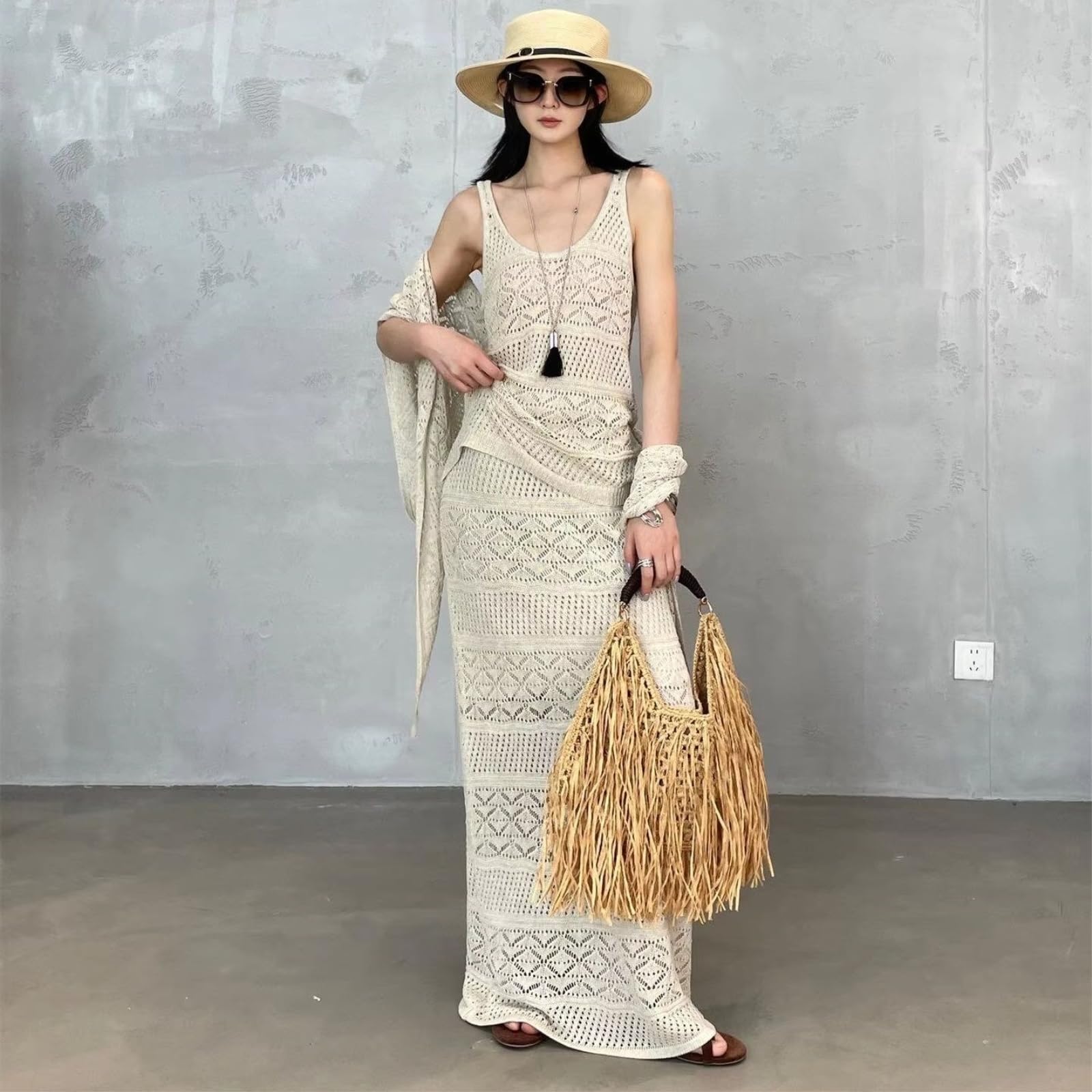 Borsa Spalla Paglia A Mano Tessuta Raffia Bohemian Grande Estate Carryall Vacanze sul Mare-Brown