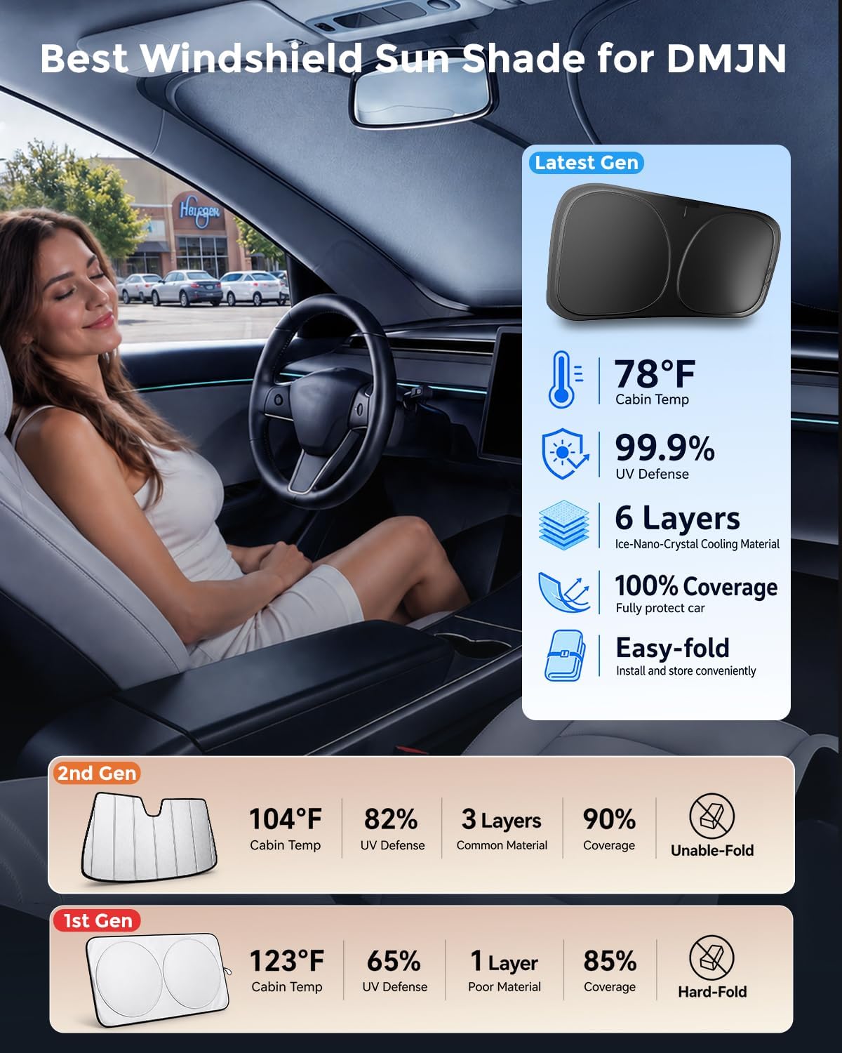 DMJN Front Windshield Sun Shade for Jeep Grand Cherokee (2011-2026), [Nano Ice-Crystal Coatings] UPF50+ Heat & UV Block, Protect Car Interior & Keep Cool, Flodable Steel-Ring Car Cover for Summer