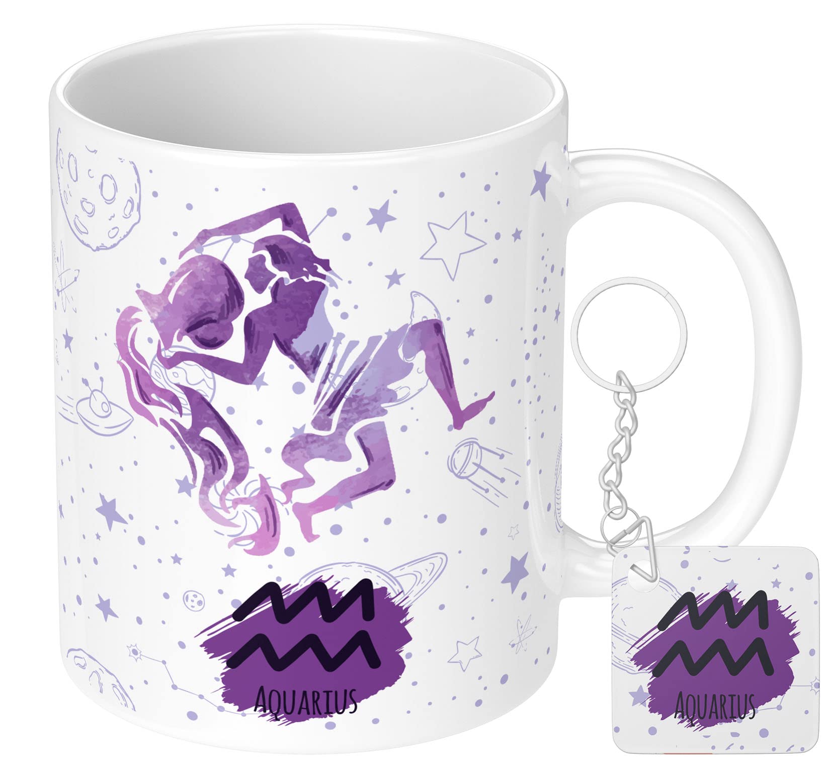 NH10 DESIGNS Zodiac Sign Aquarius Printed Coffee Mug with Keychain Unique Gift Mug For Men, Women, Sister, Mother, Daughter, Father, January & February Horoscope Birthday Gift, Pack of 2 (Microwave Safe Ceramic Tea Coffee Mug-350ml) (ZDVMK1 61)