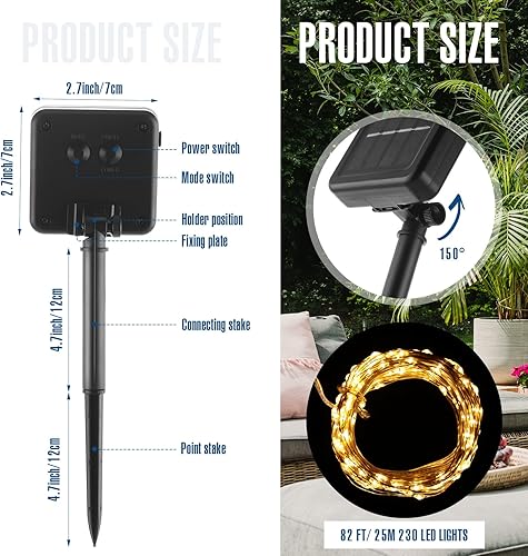 Miniatura 2 de VIHOSE 12 tiras de luces solares de Navidad para exteriores, 82 pies, 230 LED, impermeables, alambre de cobre, luces parpadeantes, 8 modos para