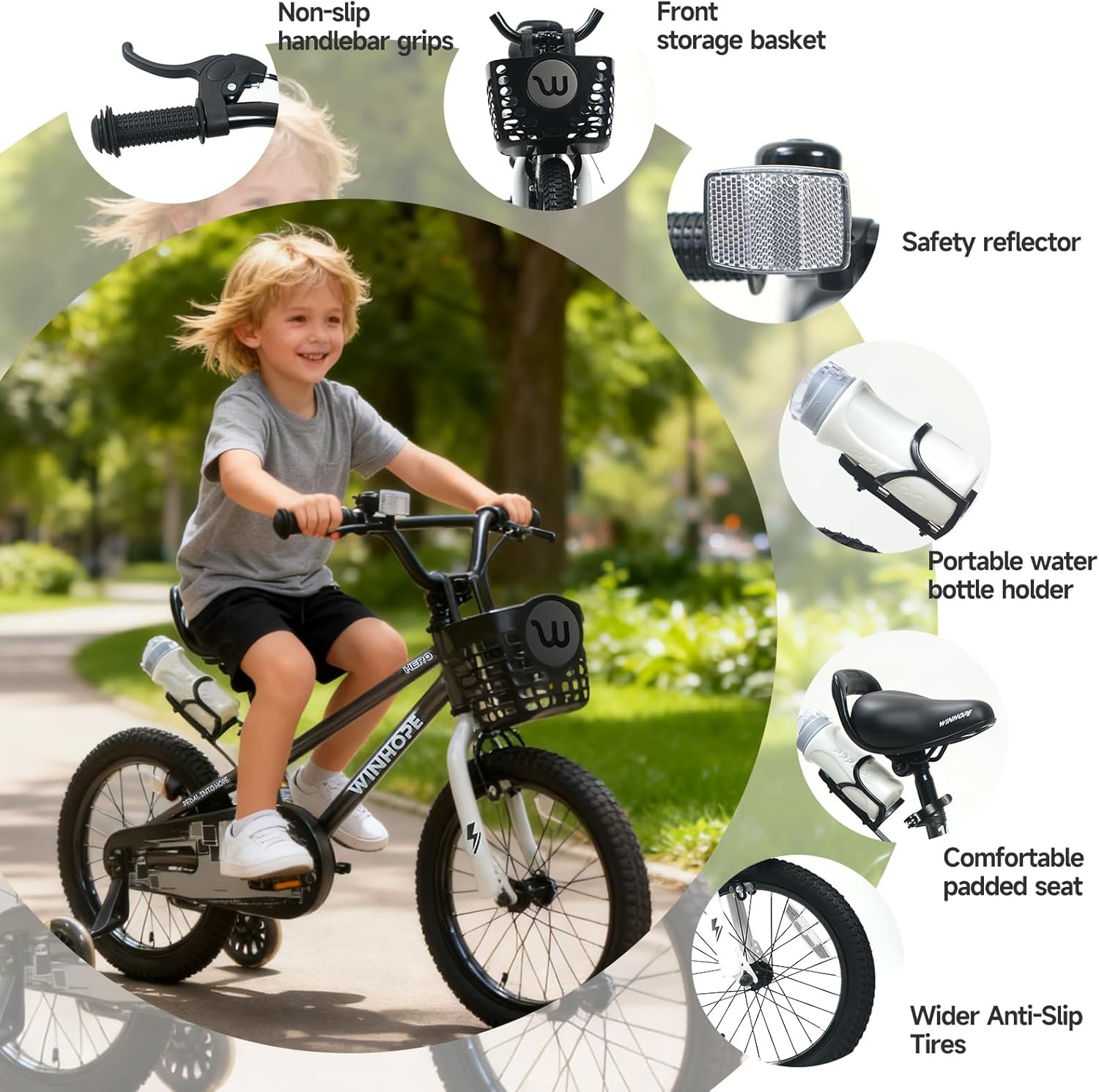 WinHope Kids Bike, 12 14 16 18 Inch Toddler Bicycle with Light Up Training Wheels and Dual Brakes, Children Bike for Beginner with Adjustable Seat and Headlebar for Boys Girls 2-9, Multiple Colors