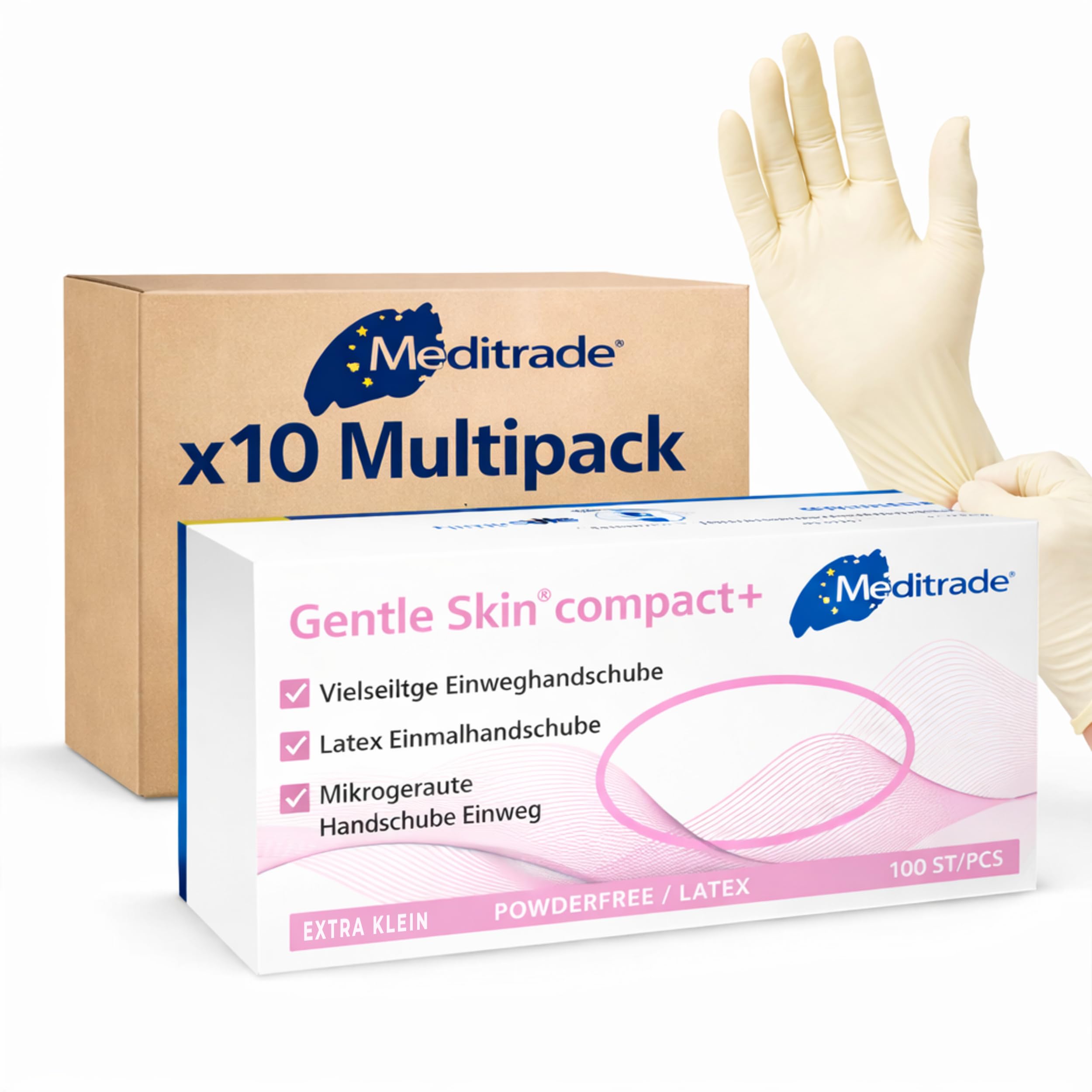 Meditrade Gentle Skin® compact+ Einweghandschuhe natur - puderfrei, mikrogeraut, griffig, Latex Untersuchungshandschuhe für Industrie, Haushalt & Reinigung - Extra Klein - 10er-Pack à 100 Stück