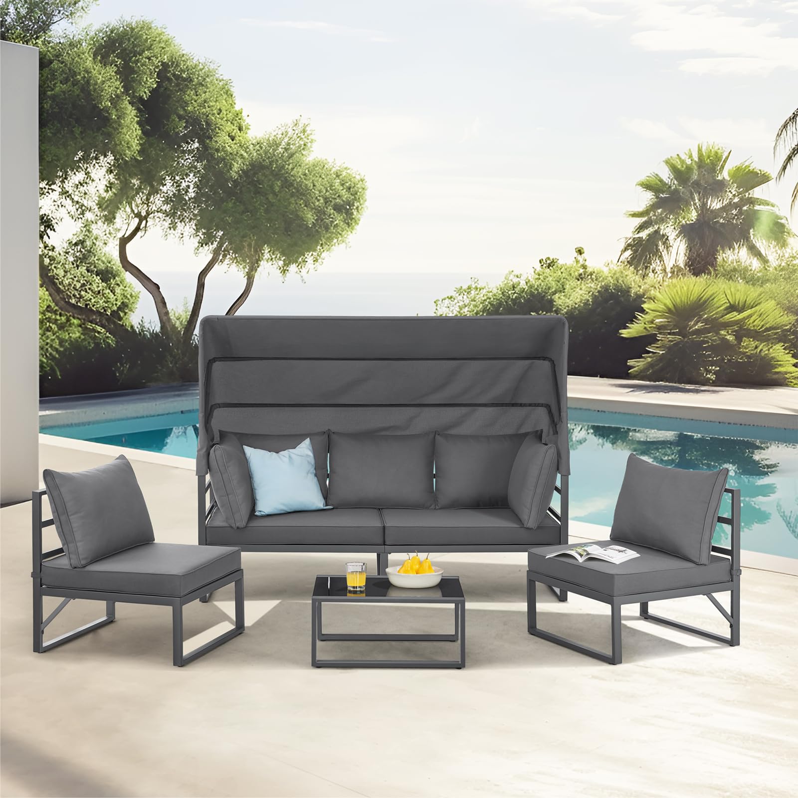 SVITA Maui Gartenmöbel-Lounge-Set mit Dach Outdoor-Sofa Strandkorb-Sonneninsel Stahl Grau