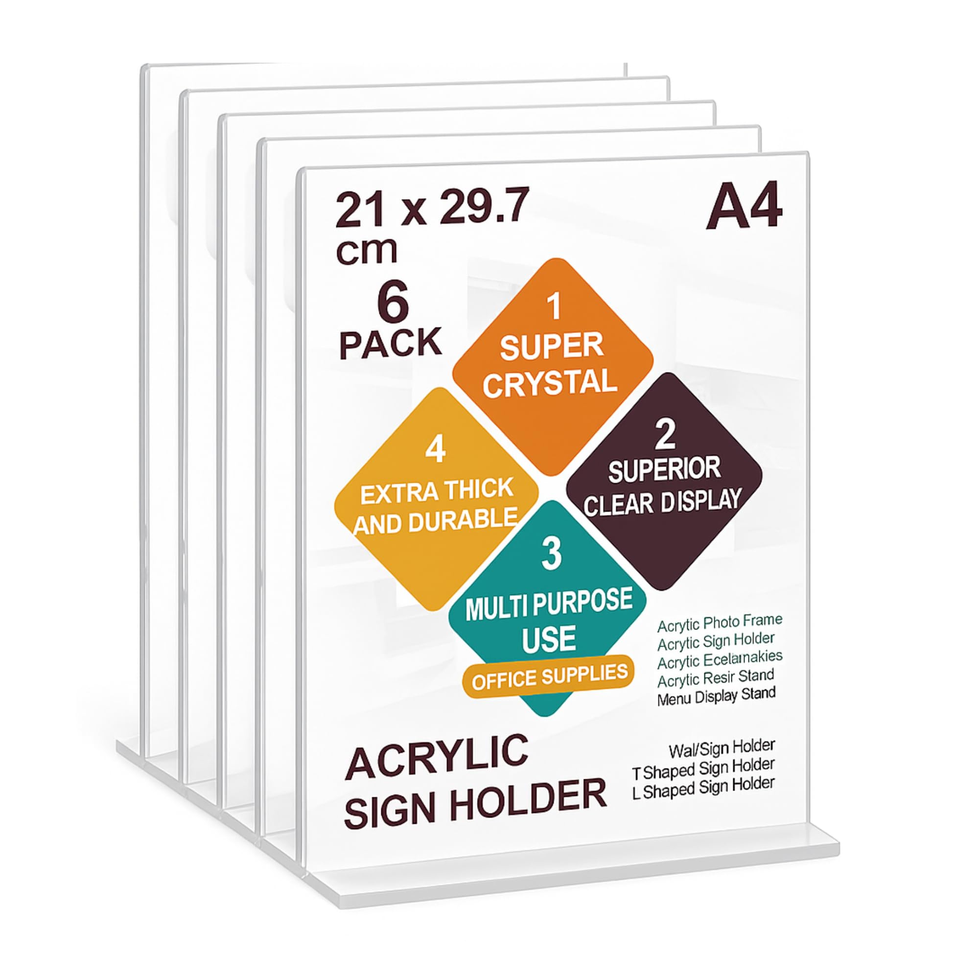 SWYFT ESSENTIALS A4 T-Shaped Acrylic Sign Holder Pack of 6 Double Sided Display Stands for Menus, Promotions & Photos Clear Holders for Office, Stores, Restaurants, and Events