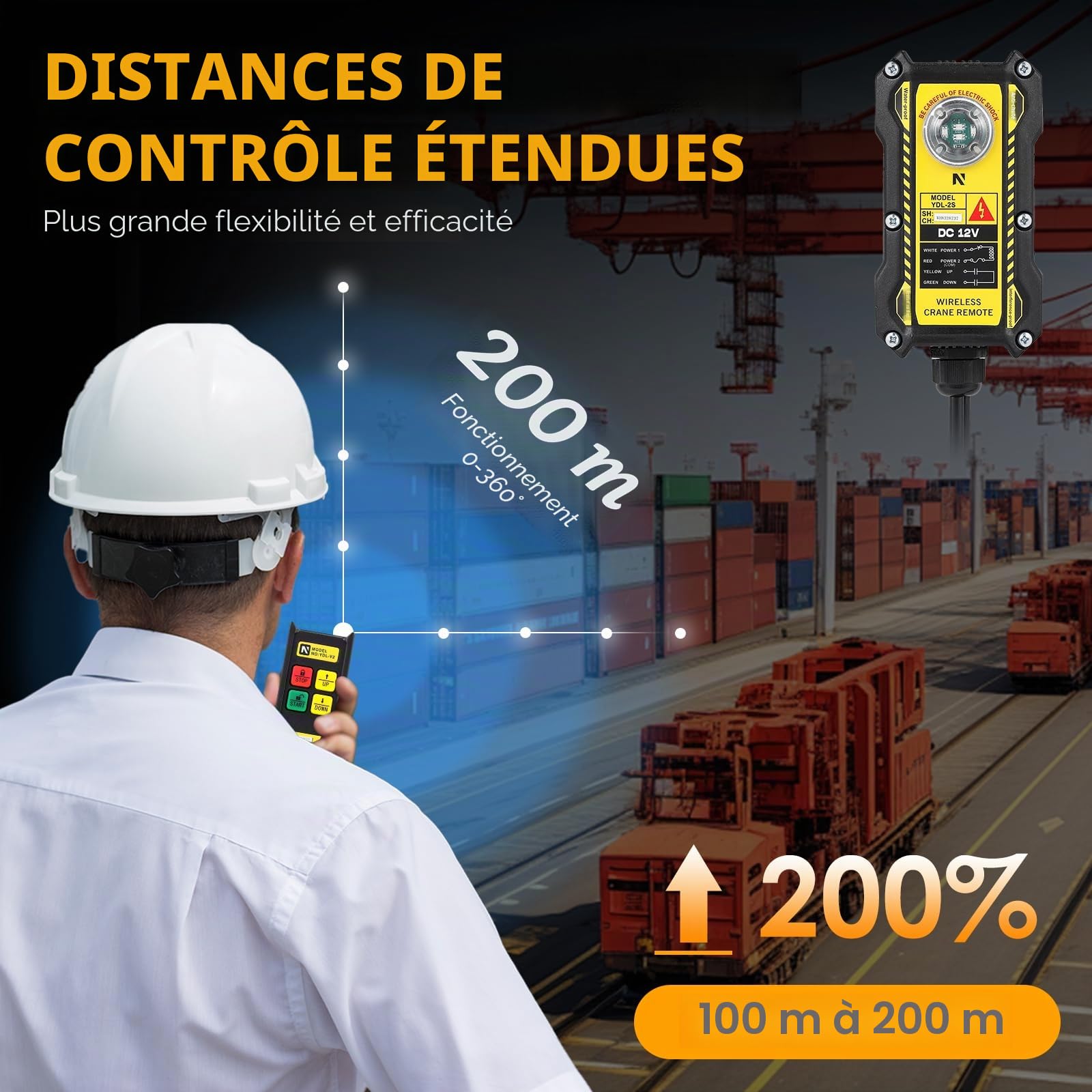 NEWTRY Télécommande de grue 12V 2-EN-1 Commande filaire et sans fil, portée de commande radio 200M, 4 boutons de commande radio pour équipement de levage industriel, camion, grue, interrupteur