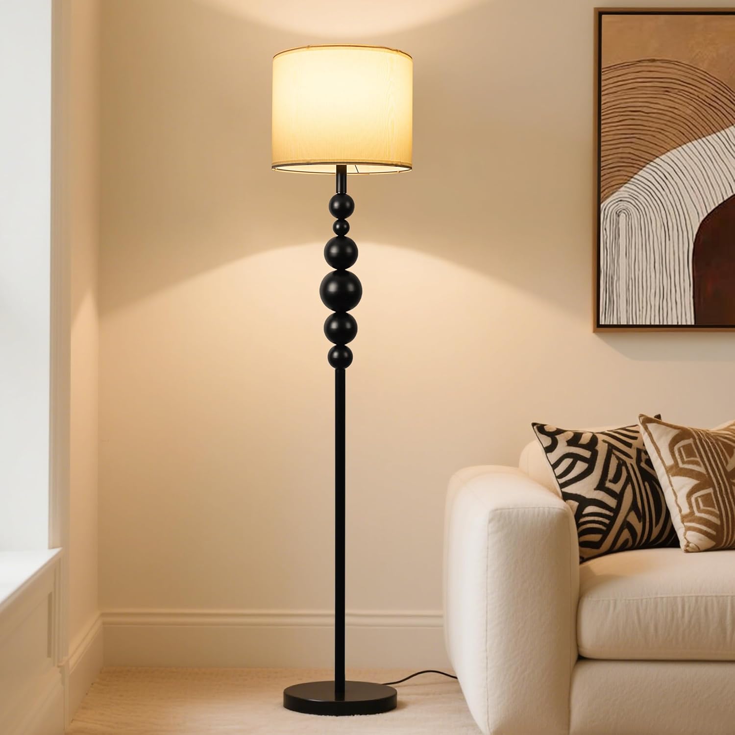 AELS 63" Mid Century Modern Floor Lamp with Bulb for Living Room, Marble Base, White Fabric Shade, Rotary Switch, 3 Color Temperatures, Metal Tall Floor Lamps with Ornated Balls for Living Room, Black