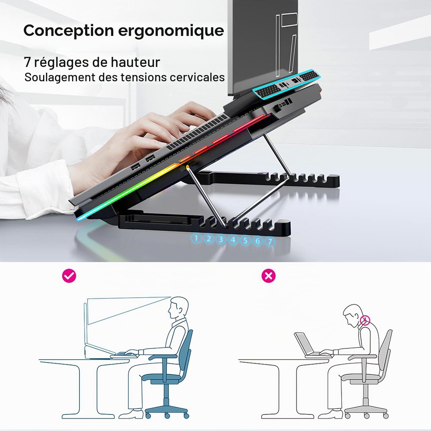 LIANGSTAR Refroidisseur PC pour Ordinateur Portable,10 éclairage RGB Les Modes & 7 Hauteur Réglable, 2 Lndépendant La Vitesse Contrôler, Parfait pour Ordinateur Portable 12-17 Pouces